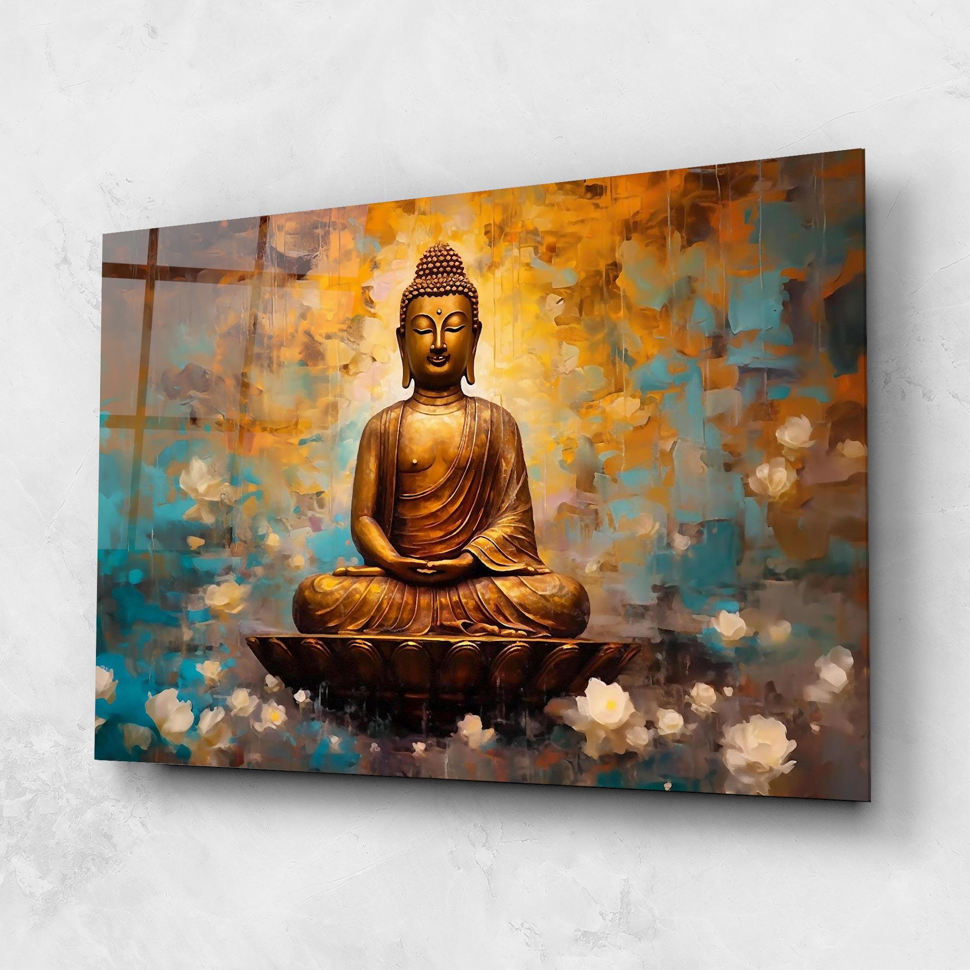 Glasbild Blue Gold Buddha mockup 1