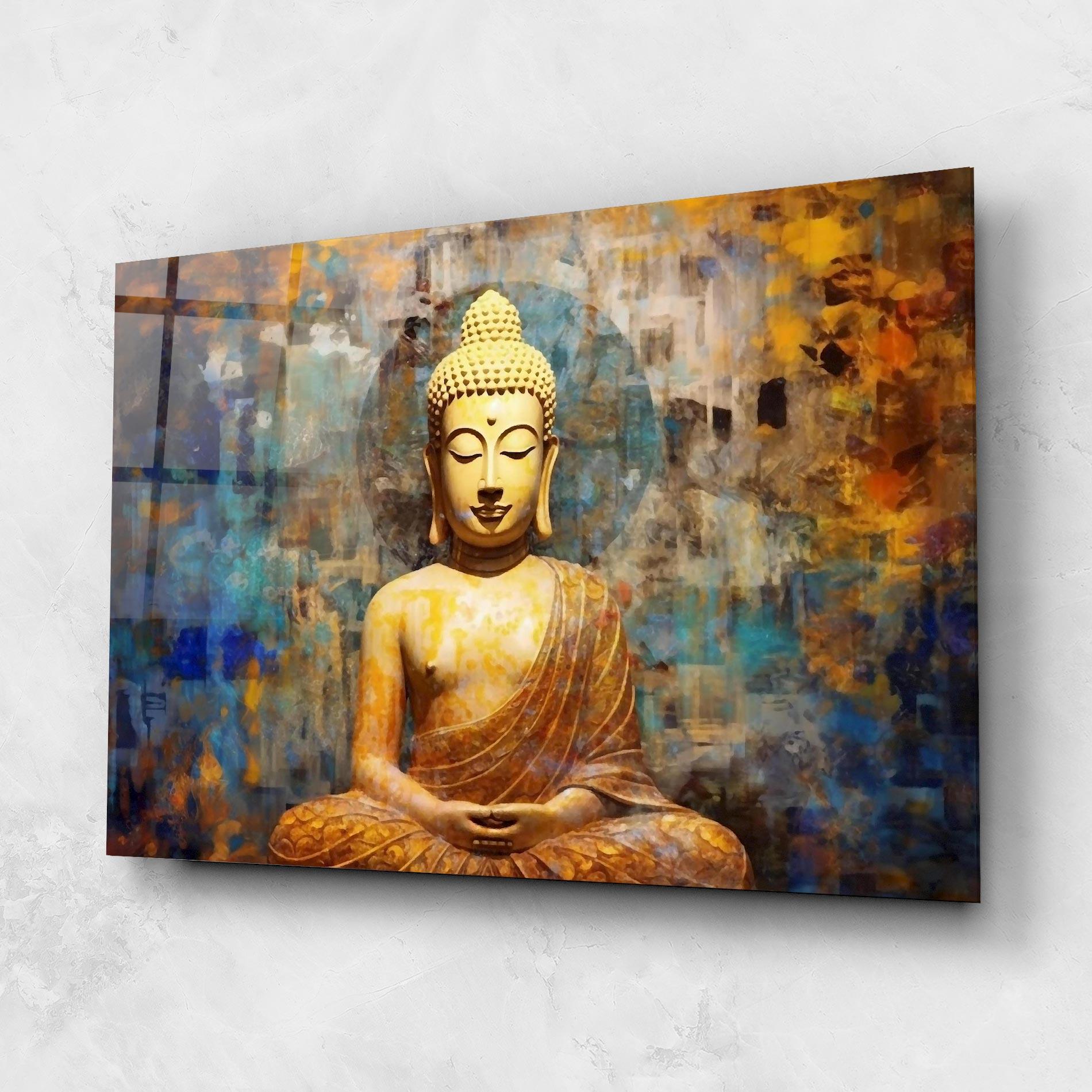 Glasbild Buddha Blue Gold mockup 1
