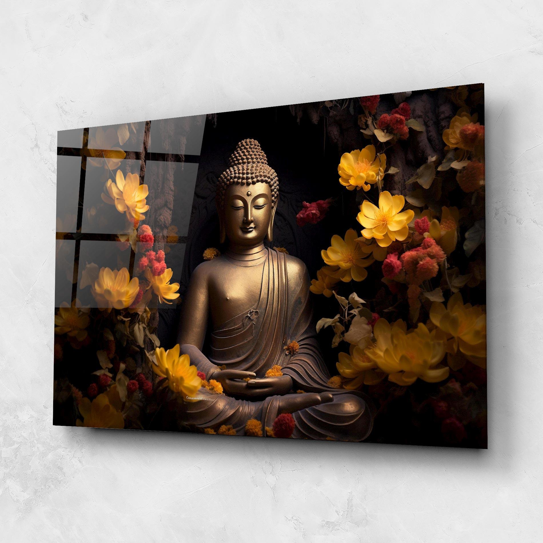 Glasbild Buddha Yellow Red mockup 1