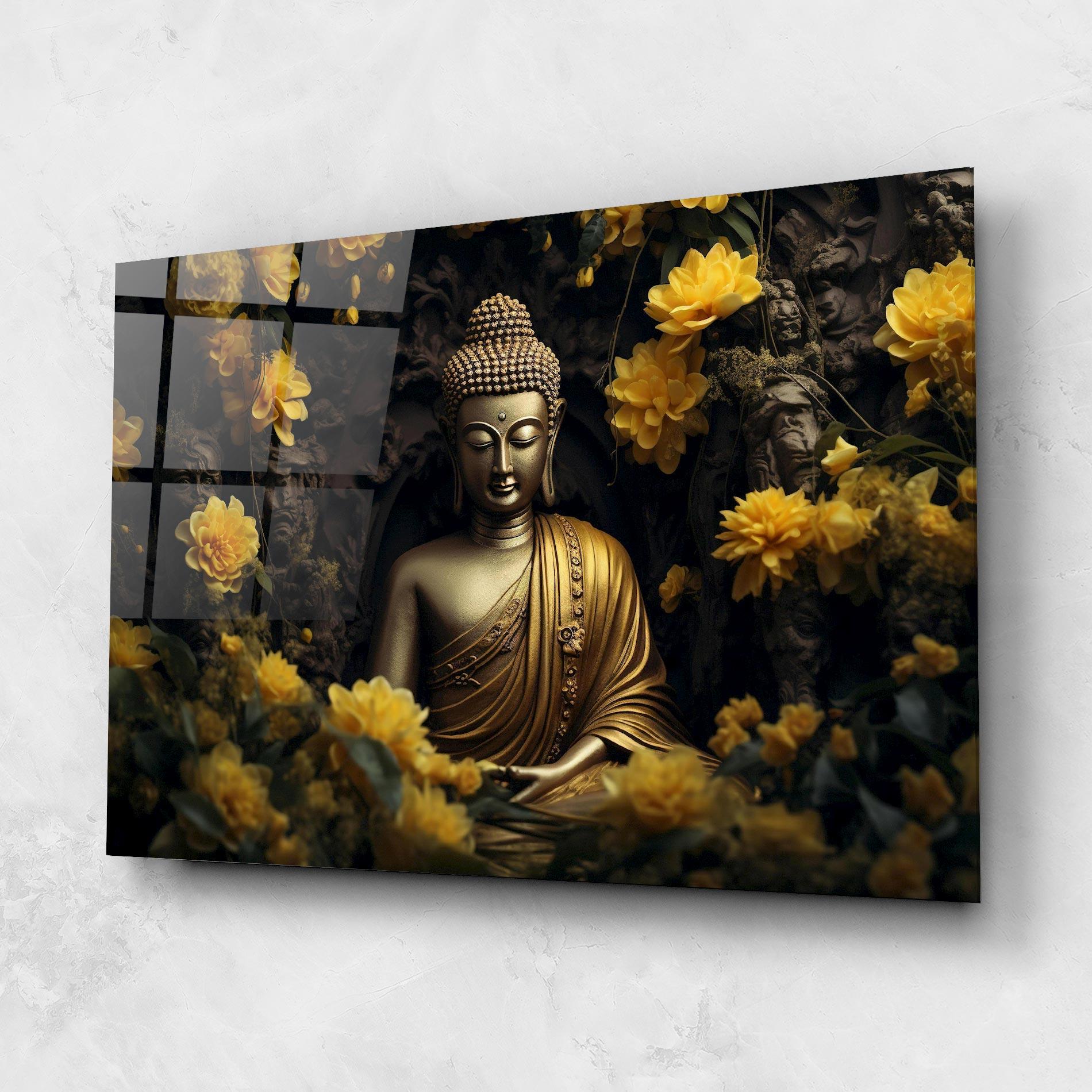 Glasbild Gold Buddha Flowers mockup 1