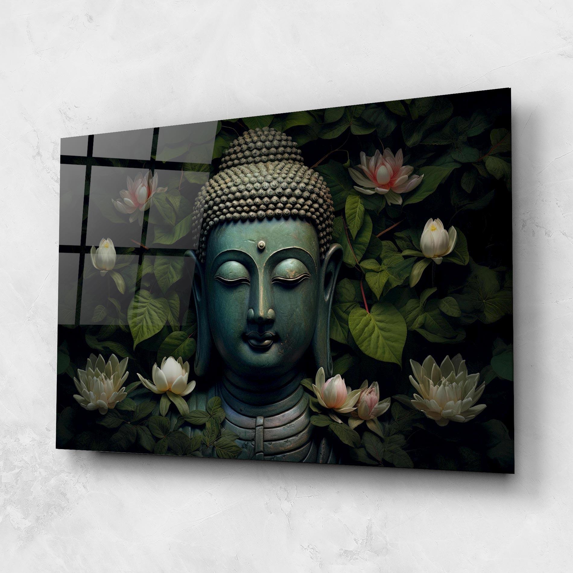 Glasbild Green Statue Buddha mockup 1