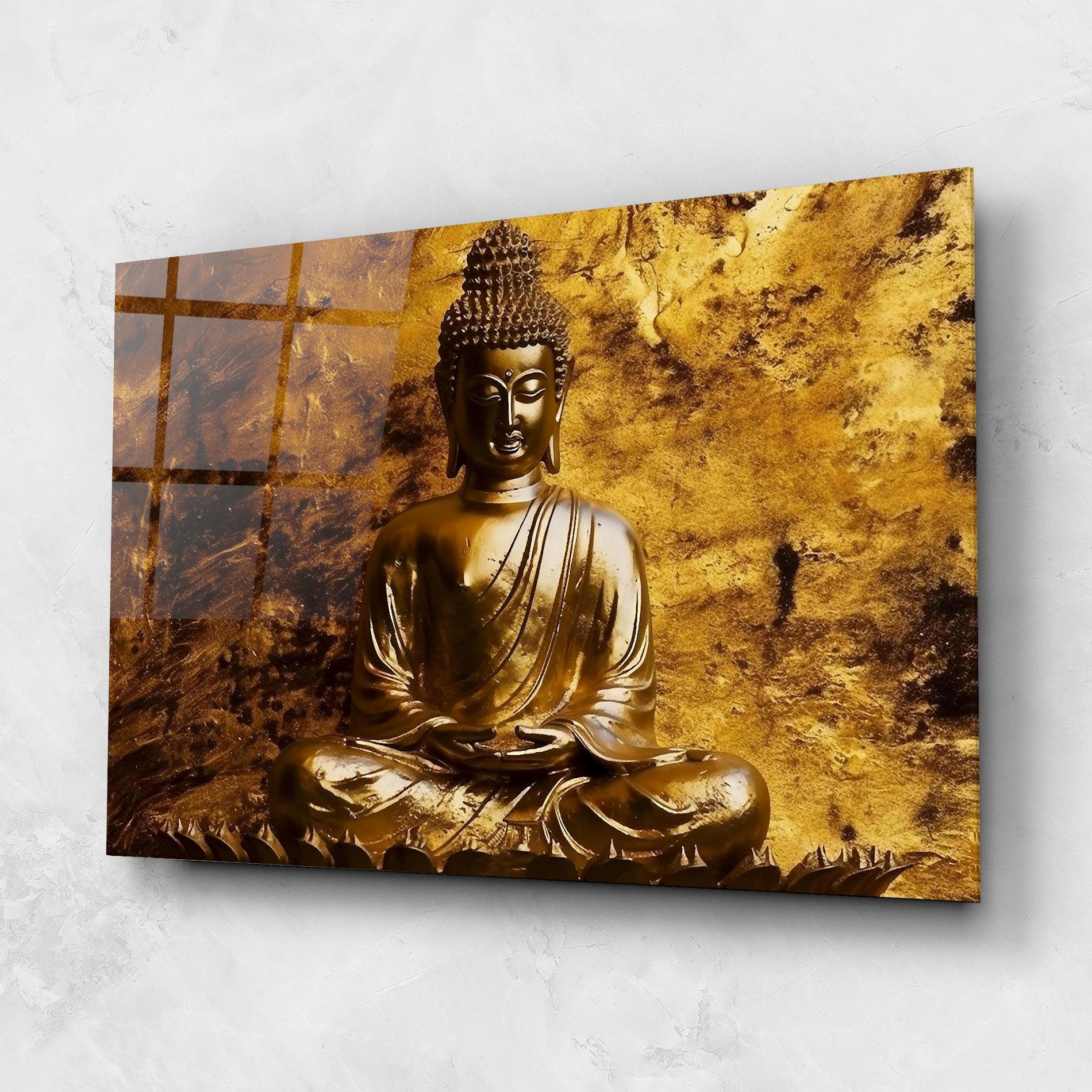 Glasbild Statue Gold Buddha mockup 1
