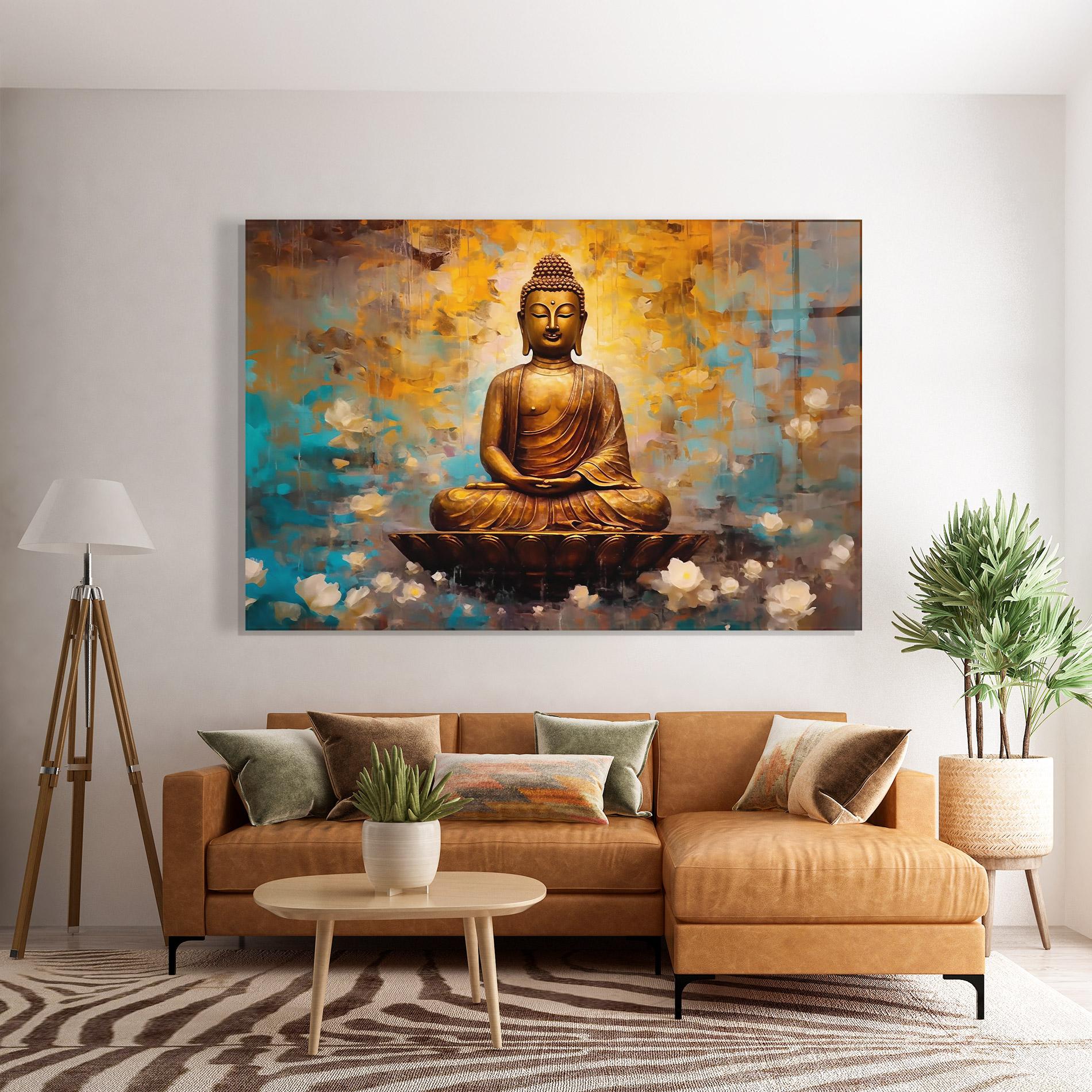 Glasbild Blue Gold Buddha mockup 7