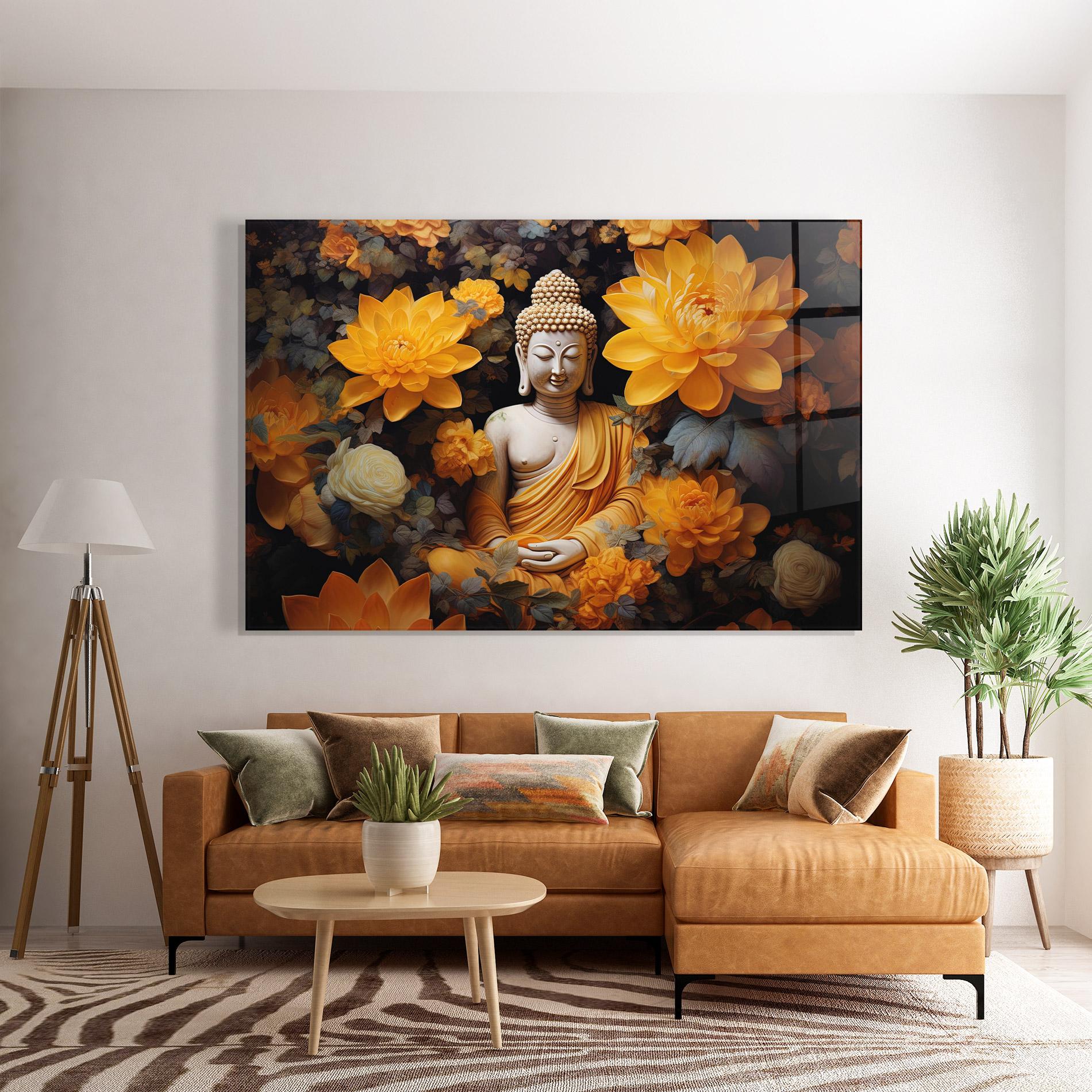 Glasbild Buddha Big Flowers mockup 7