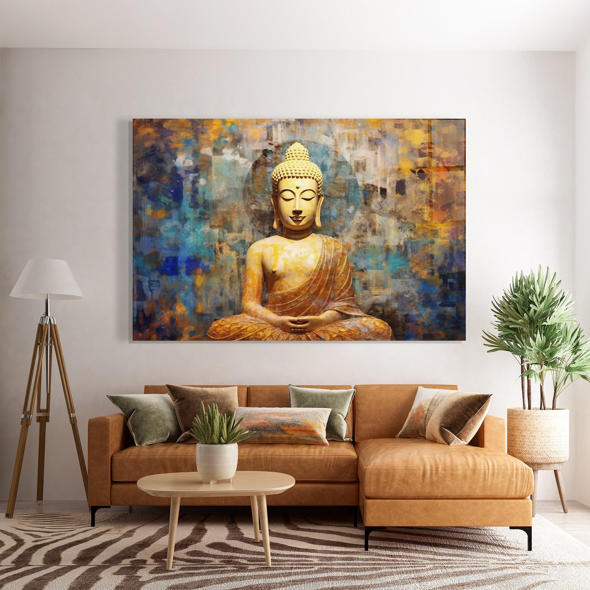 Glasbild Buddha Blue Gold mockup 7