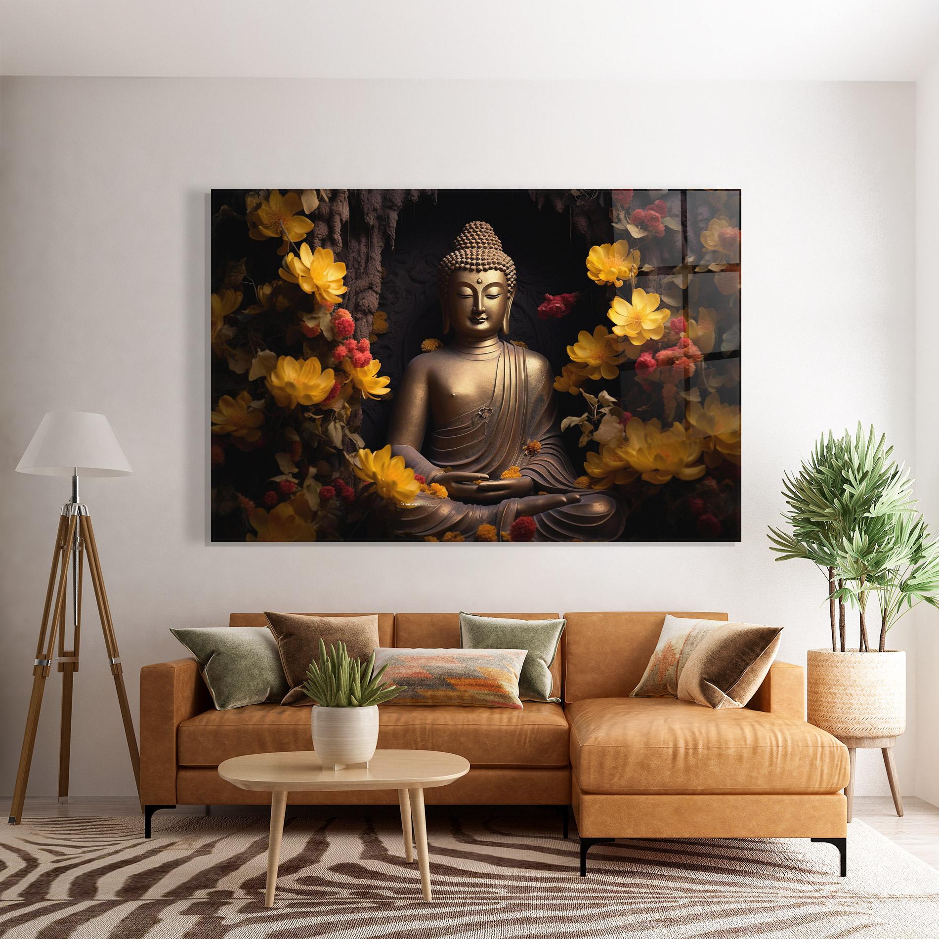 Glasbild Buddha Yellow Red mockup 7
