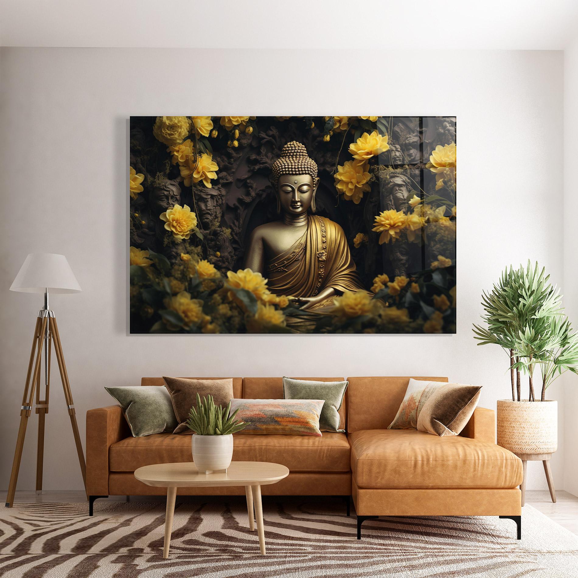 Glasbild Gold Buddha Flowers mockup 7