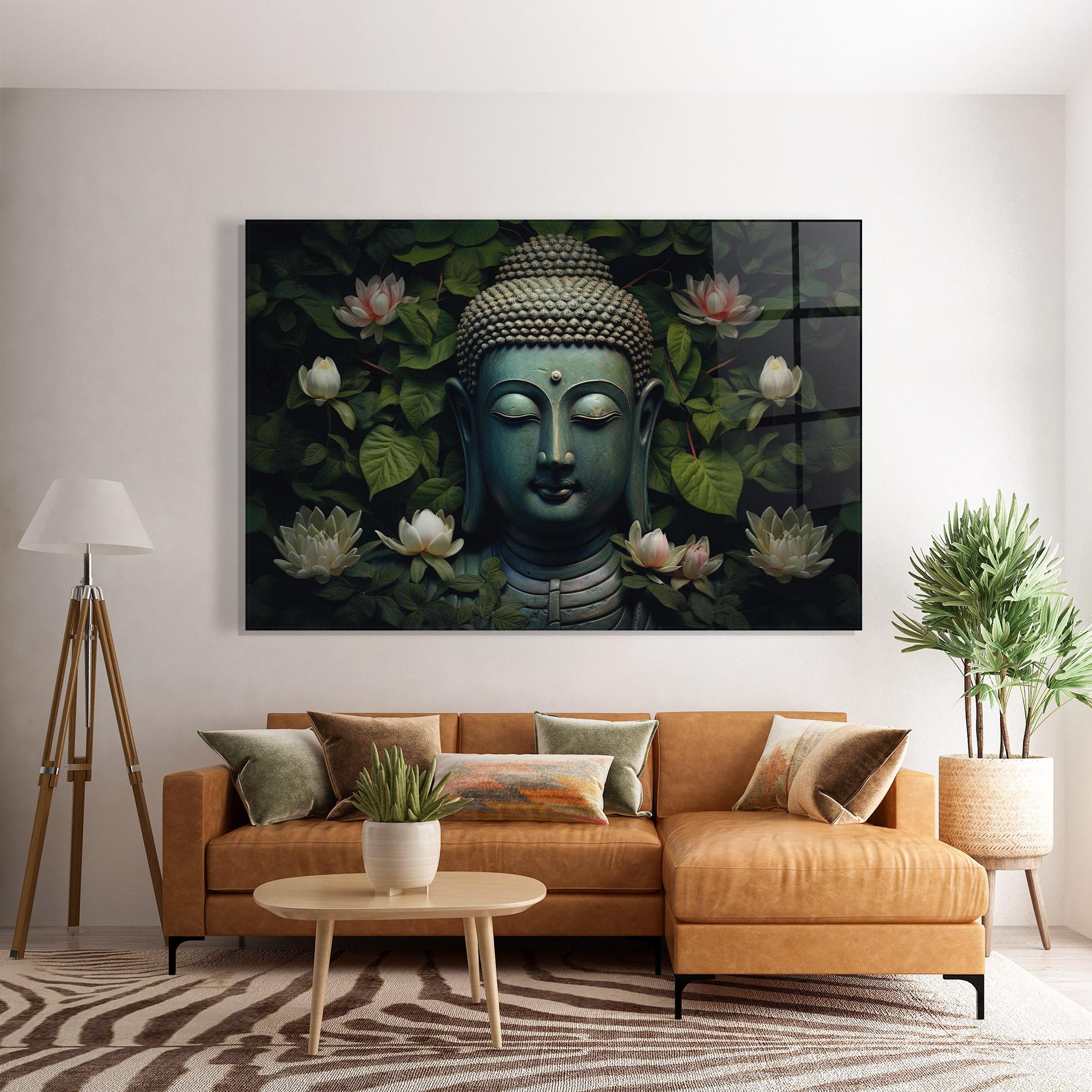 Glasbild Green Statue Buddha mockup 7