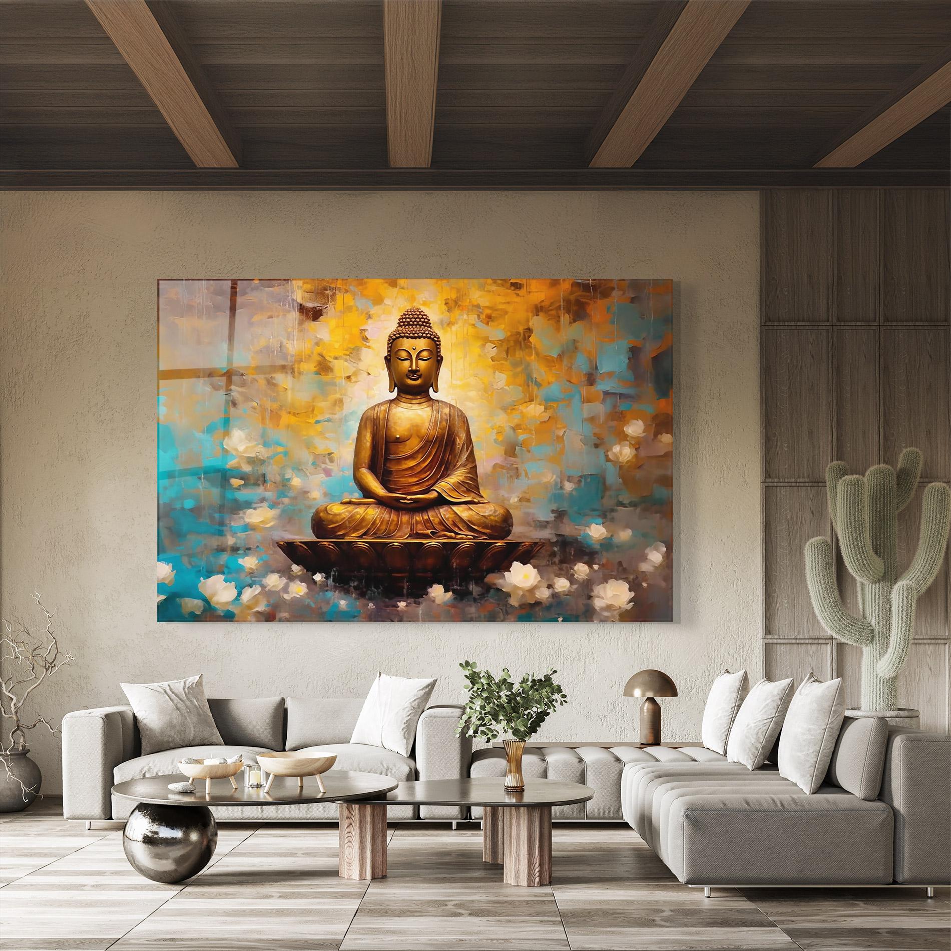 Glasbild Blue Gold Buddha mockup 8
