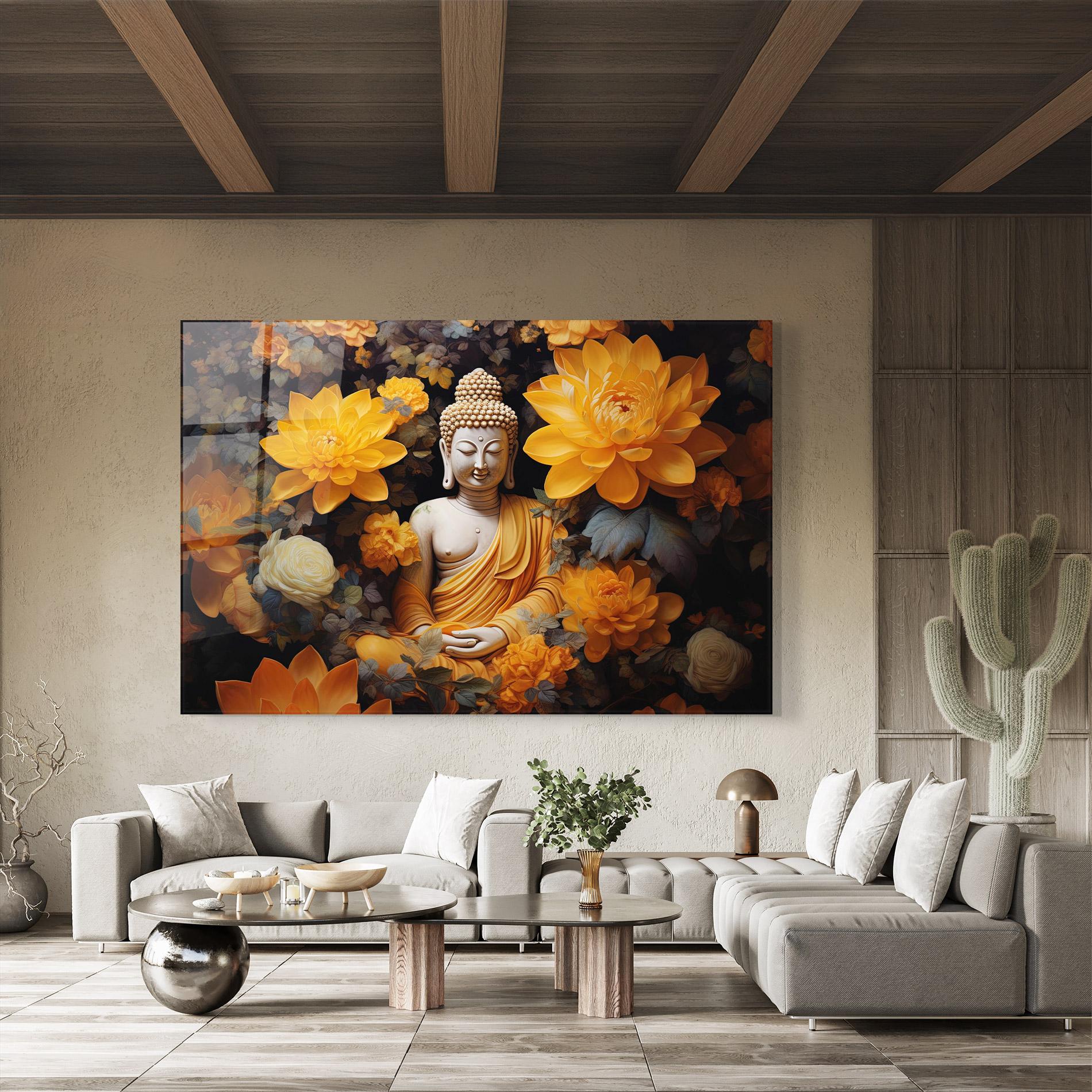 Glasbild Buddha Big Flowers mockup 8