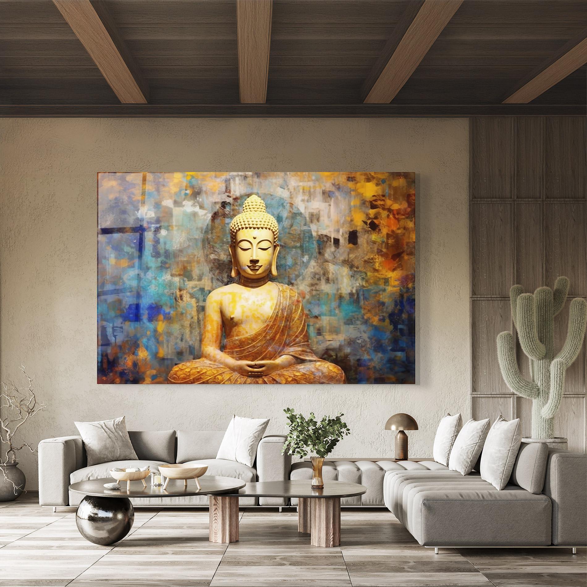 Glasbild Buddha Blue Gold mockup 8