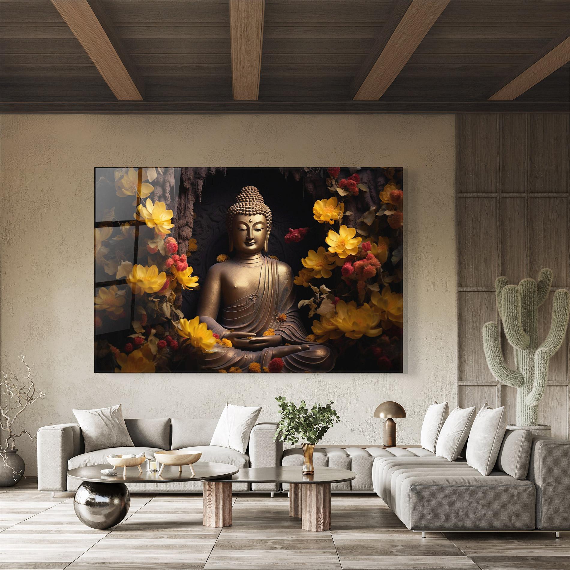 Glasbild Buddha Yellow Red mockup 8