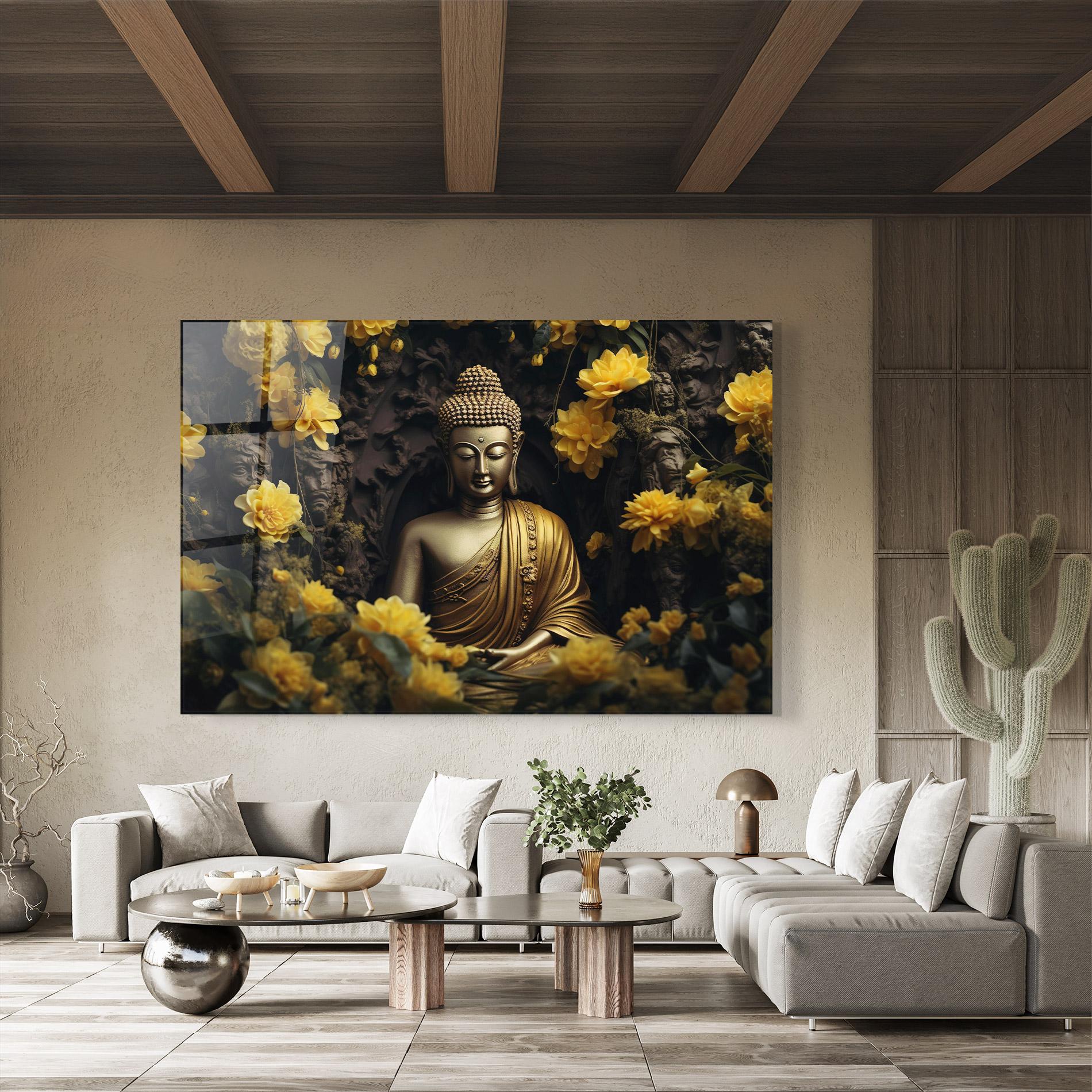 Glasbild Gold Buddha Flowers mockup 8