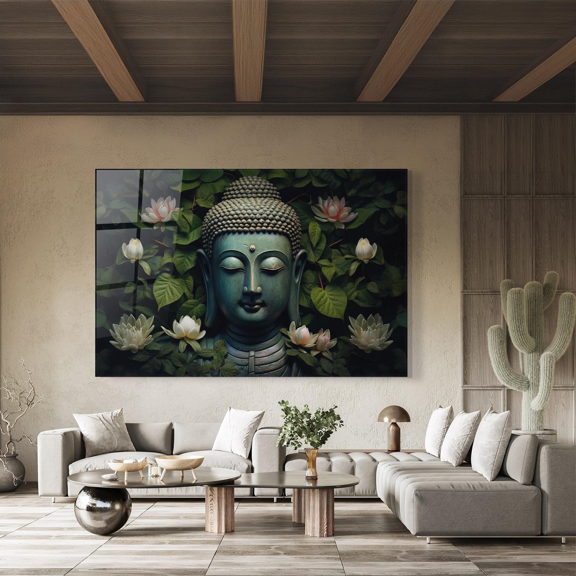 Glasbild Green Statue Buddha mockup 8