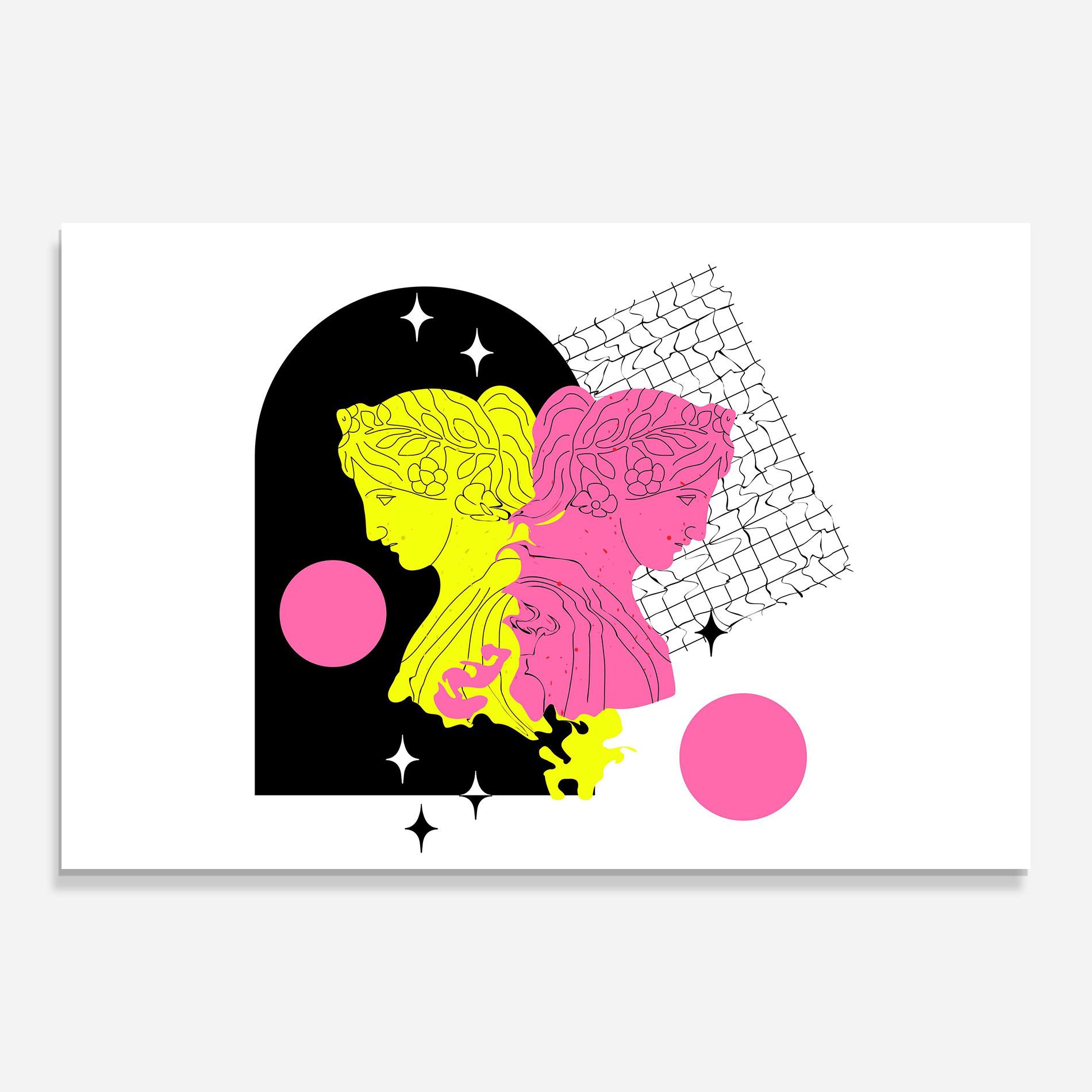 Glasbild Yellow Pink Statue mockup 0