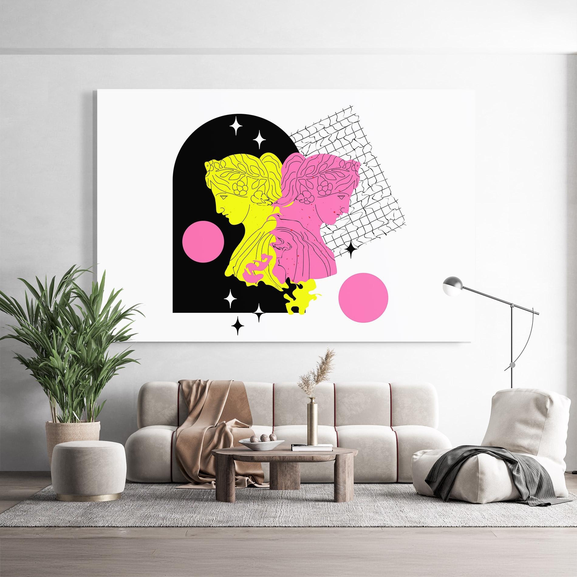 Glasbild Yellow Pink Statue mockup 9