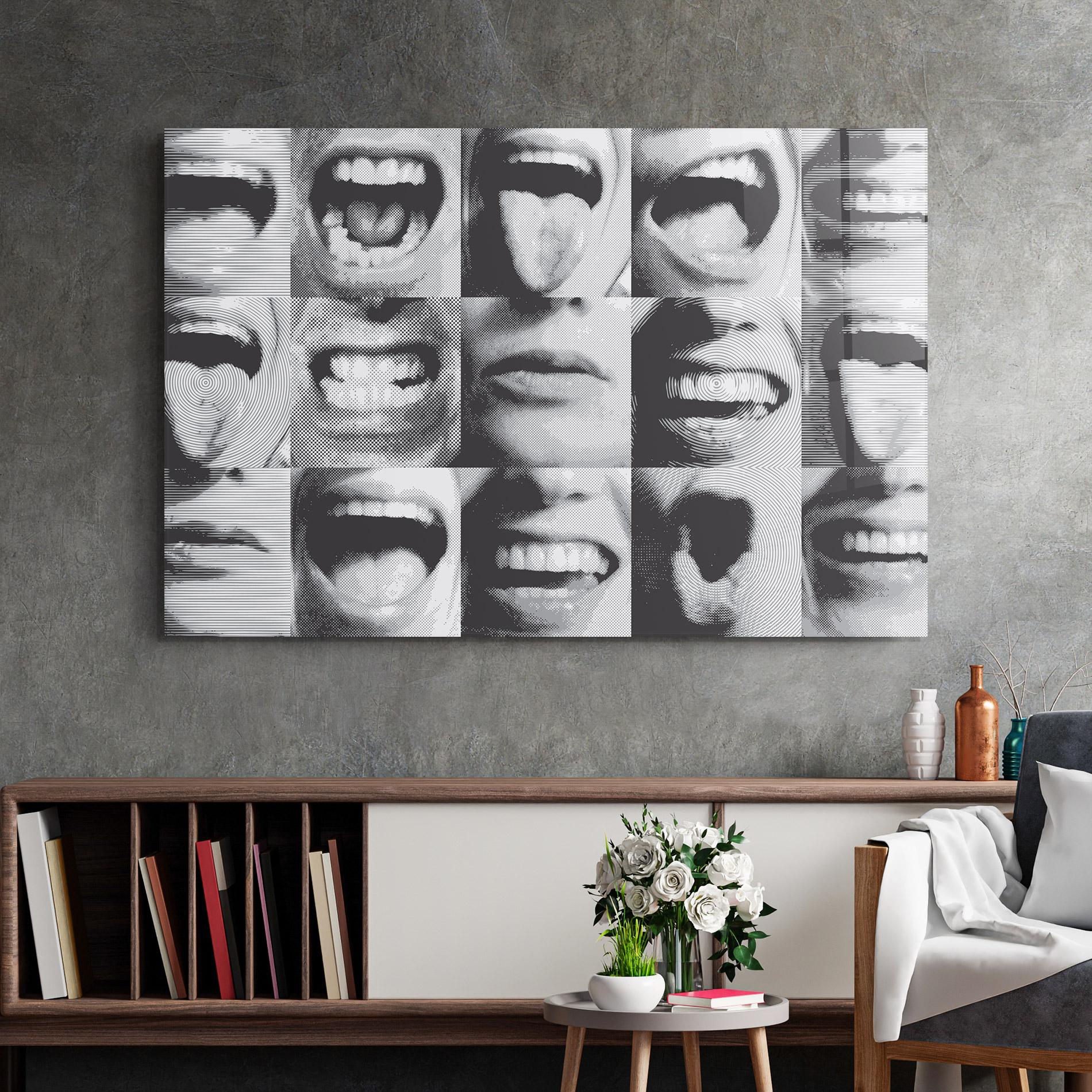 Glasbild Grey Mouth Collage mockup 2