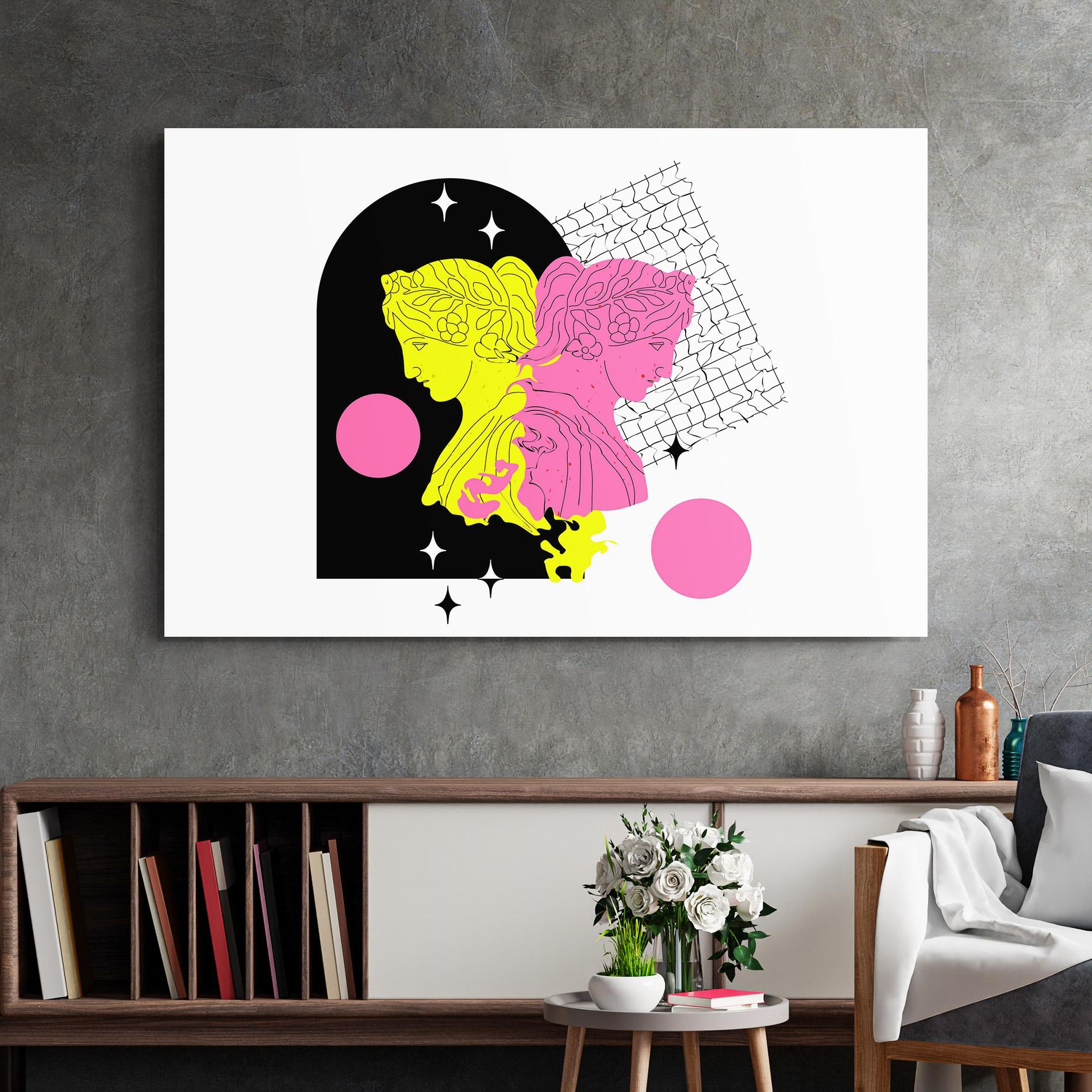 Glasbild Yellow Pink Statue mockup 2