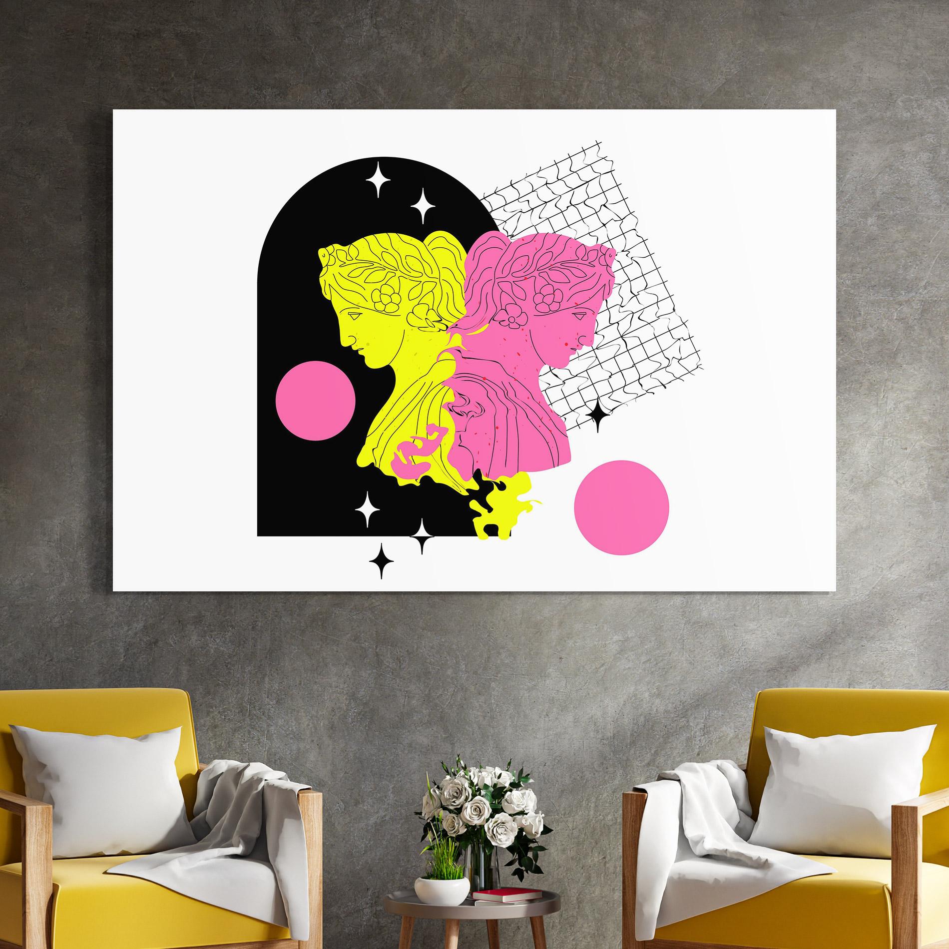 Glasbild Yellow Pink Statue mockup 4