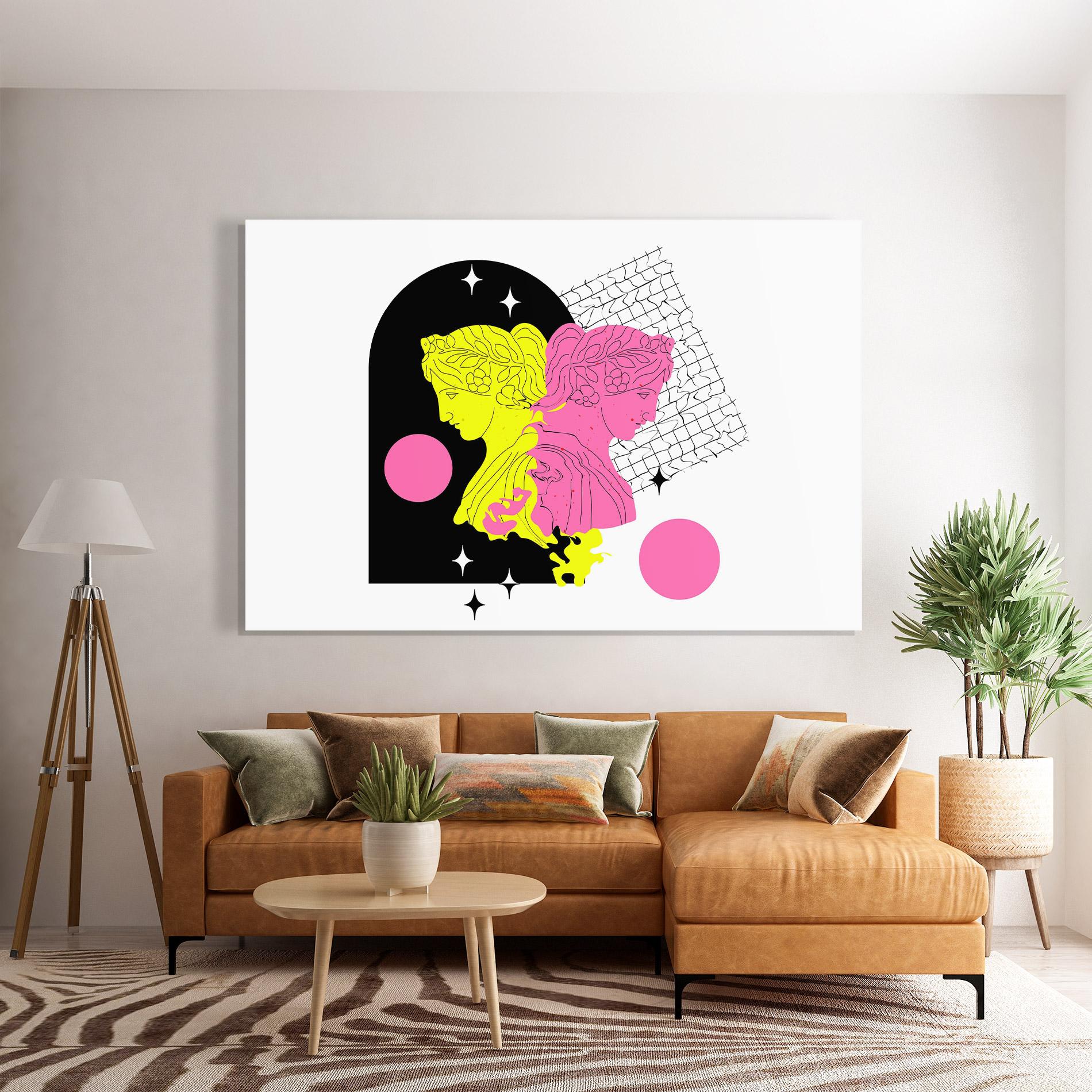 Glasbild Yellow Pink Statue mockup 7