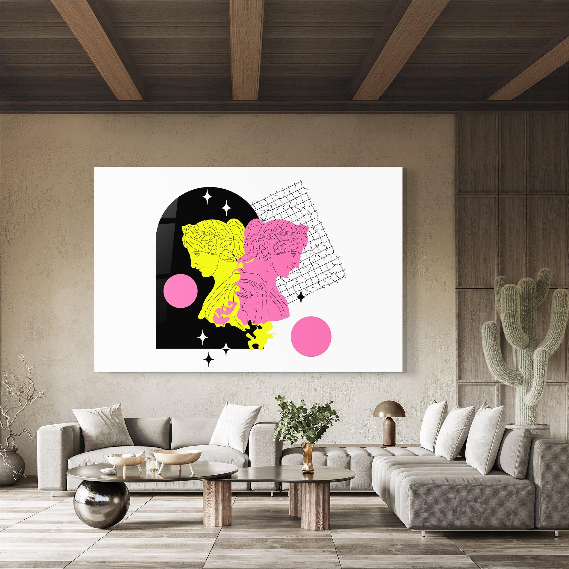 Glasbild Yellow Pink Statue mockup 8