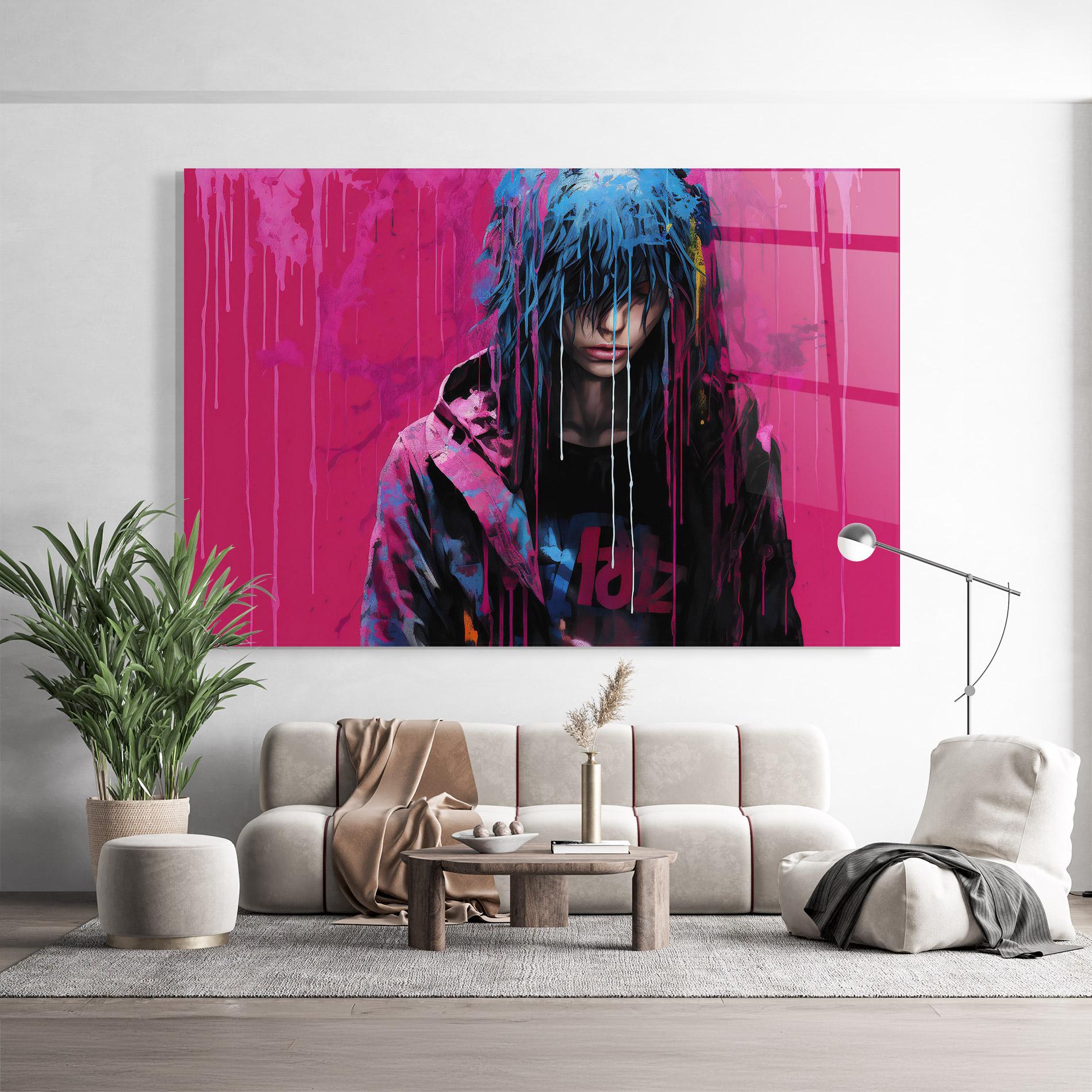 Glasbild Blue Pink Falling Paint mockup 9