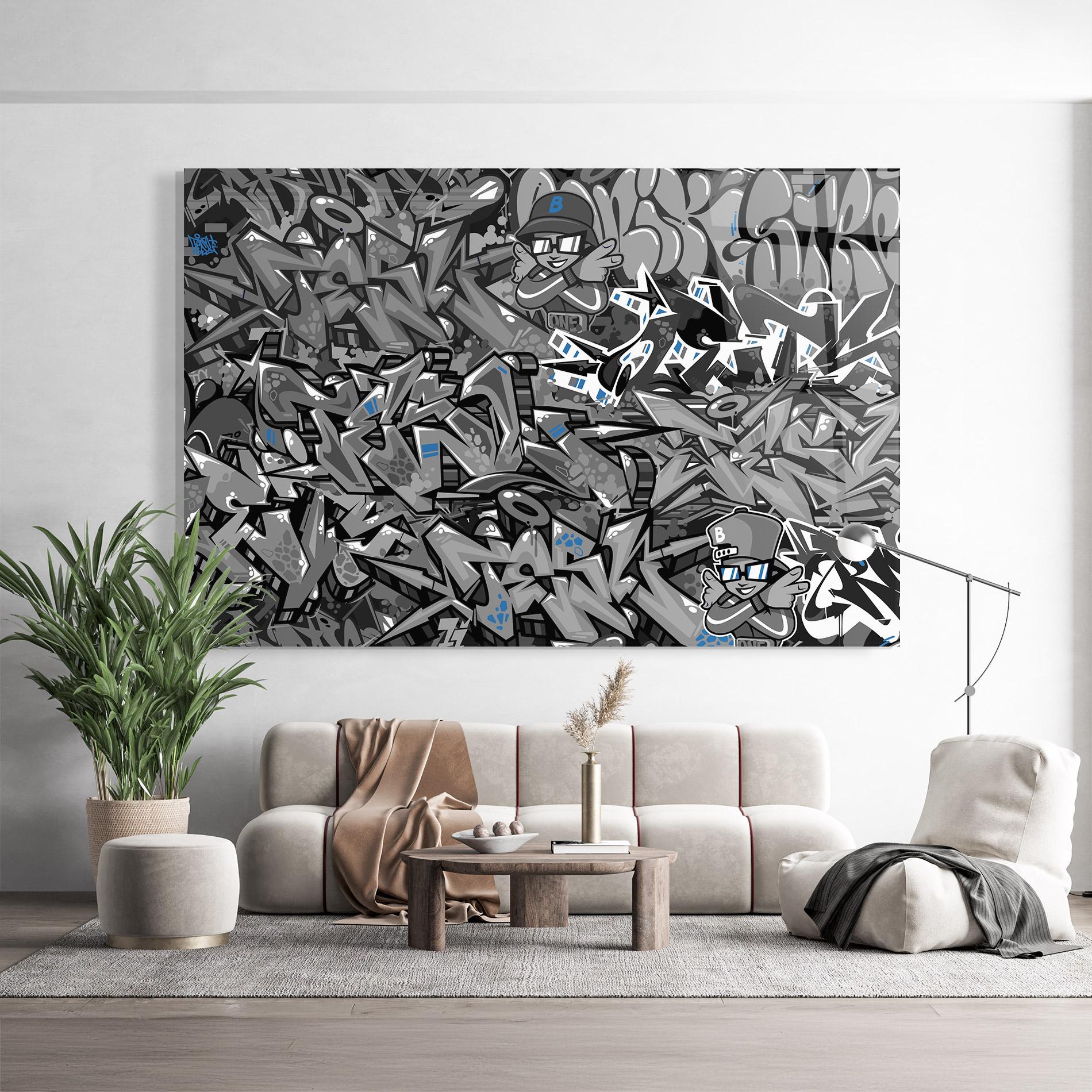 Glasbild Grey Blue Graffiti mockup 9