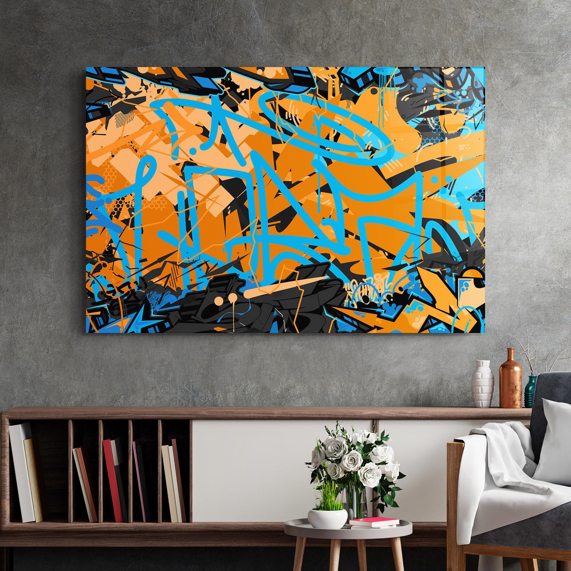 Glasbild Blue Orange Graffiti mockup 2