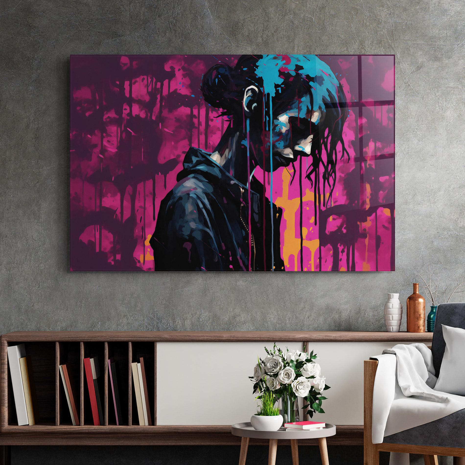 Glasbild Blue Pink Paint Falling mockup 2