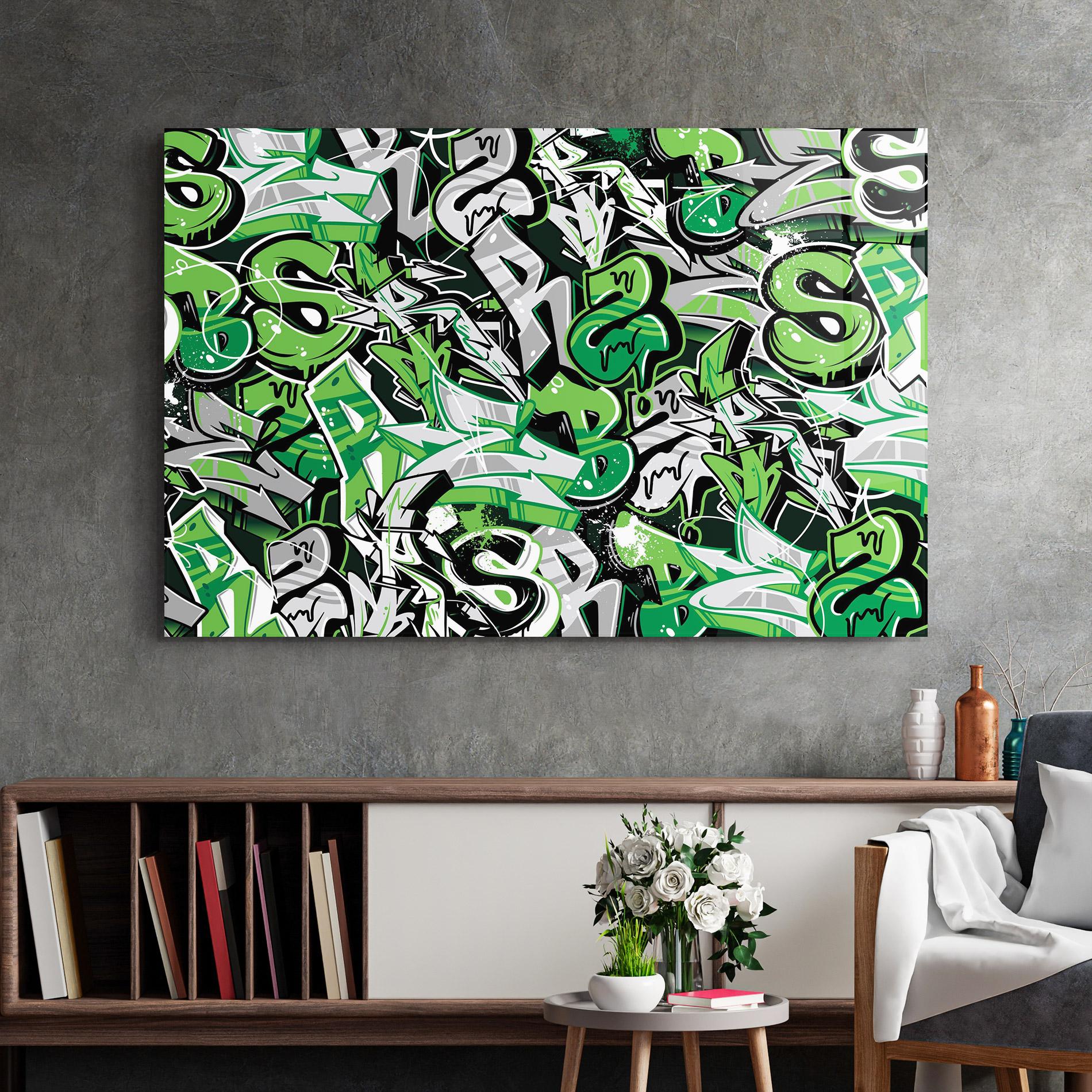 Glasbild Green Graffiti Letters mockup 2