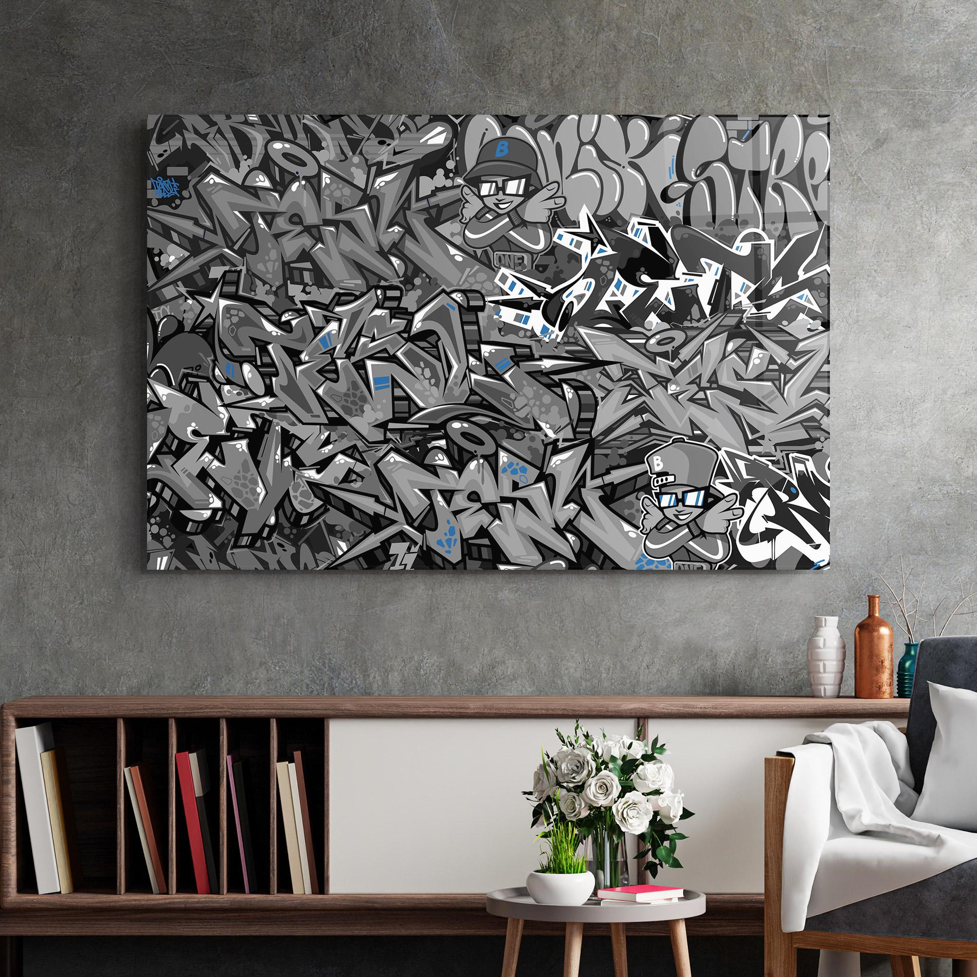 Glasbild Grey Blue Graffiti mockup 2