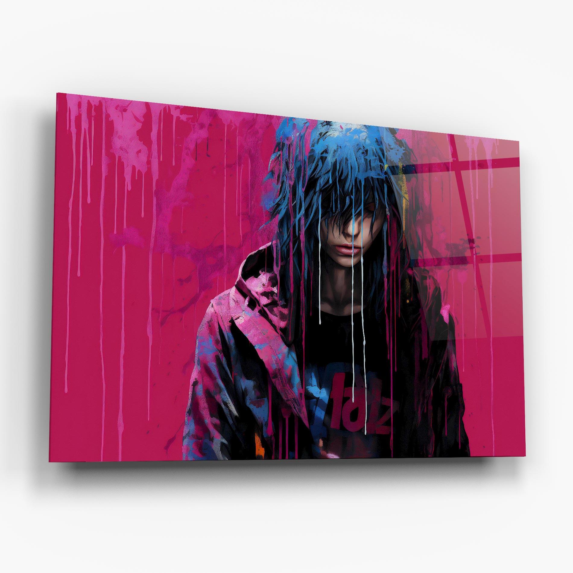 Glasbild Blue Pink Falling Paint mockup 6
