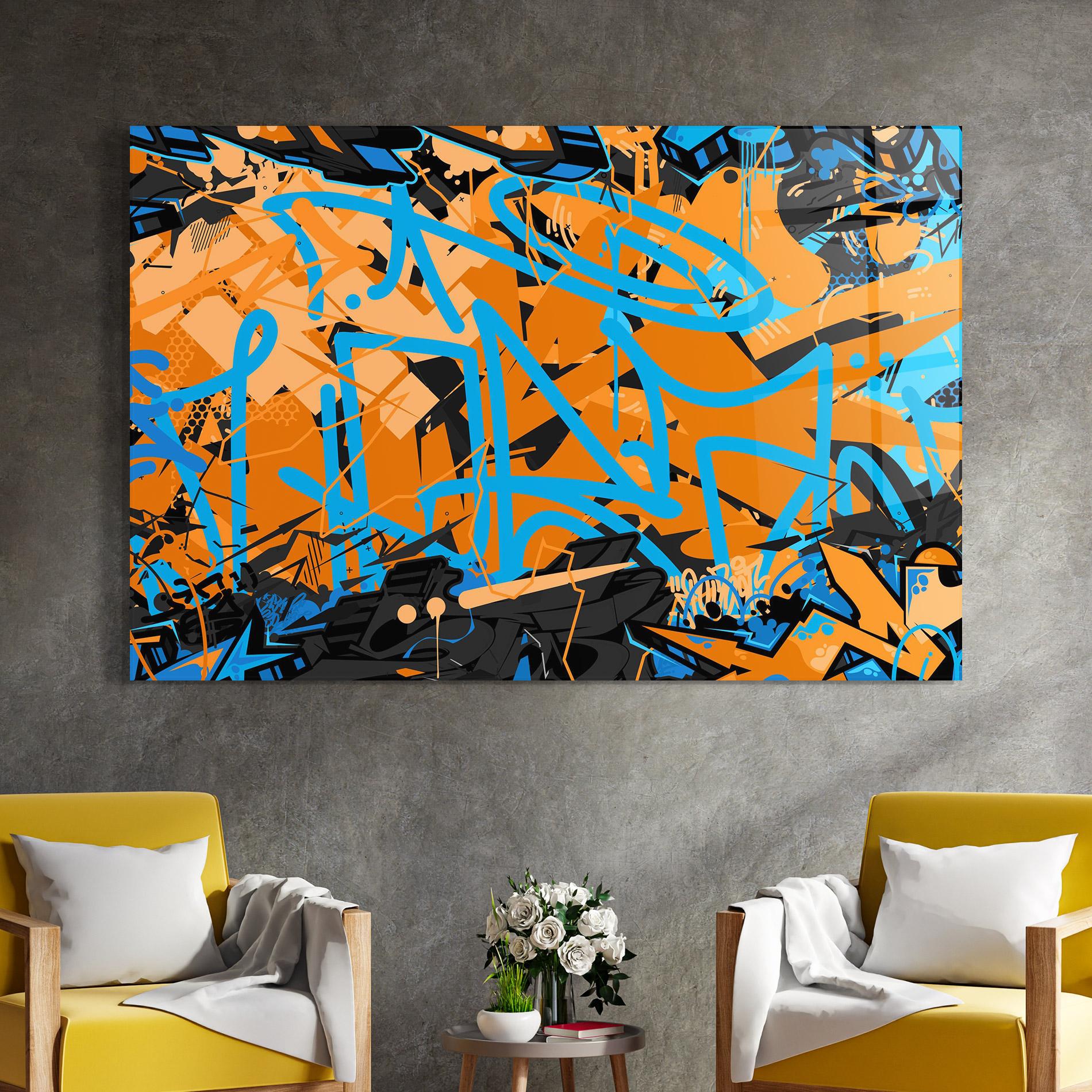 Glasbild Blue Orange Graffiti mockup 4