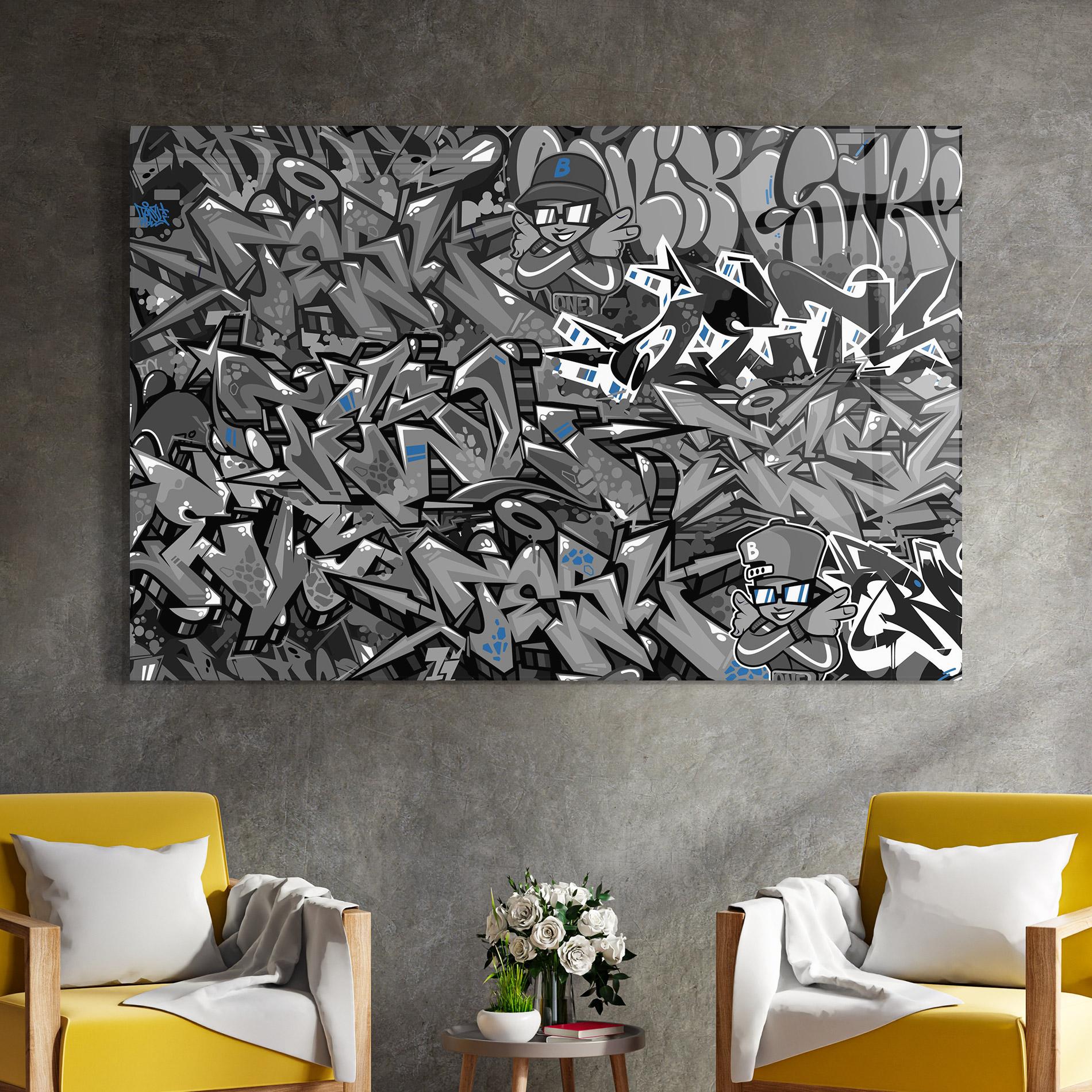 Glasbild Grey Blue Graffiti mockup 4
