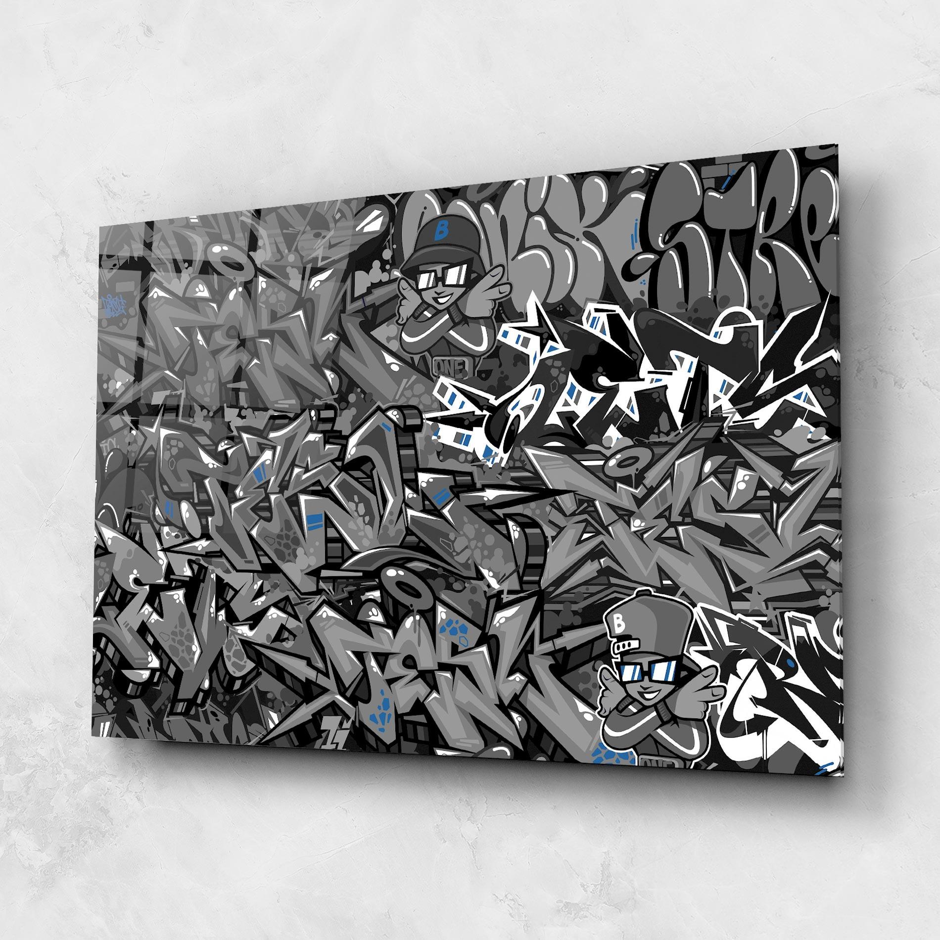 Glasbild Grey Blue Graffiti mockup 1