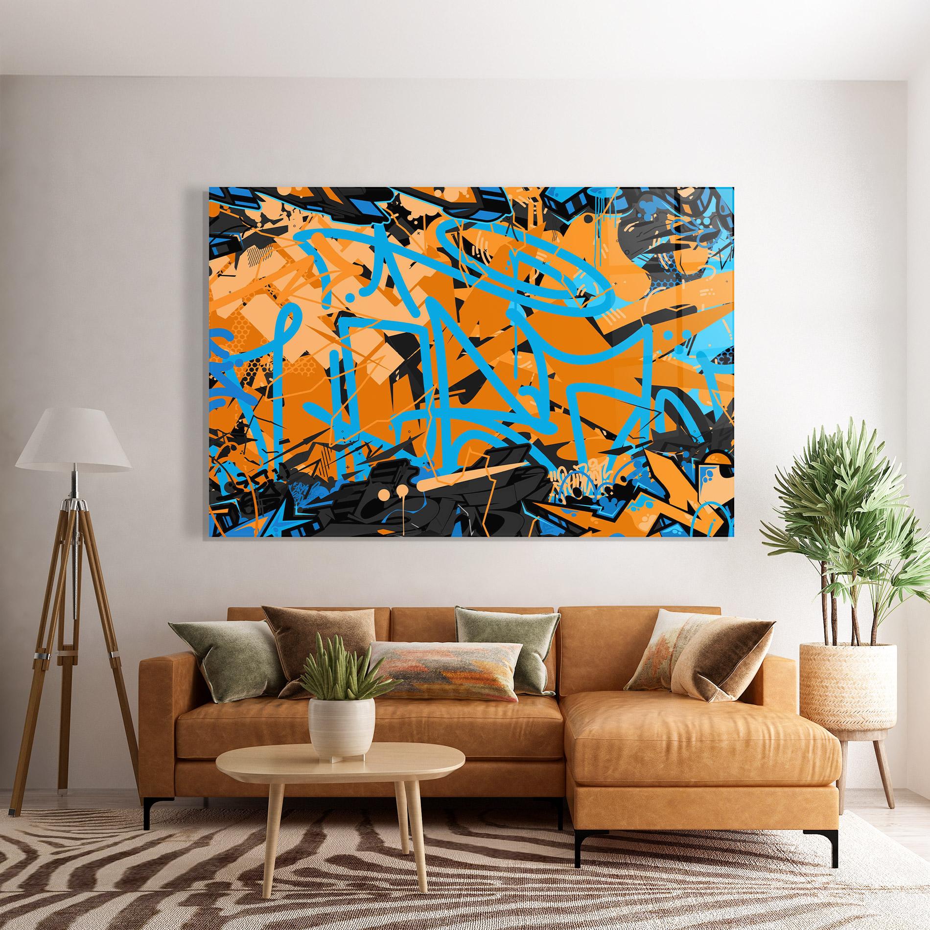 Glasbild Blue Orange Graffiti mockup 7