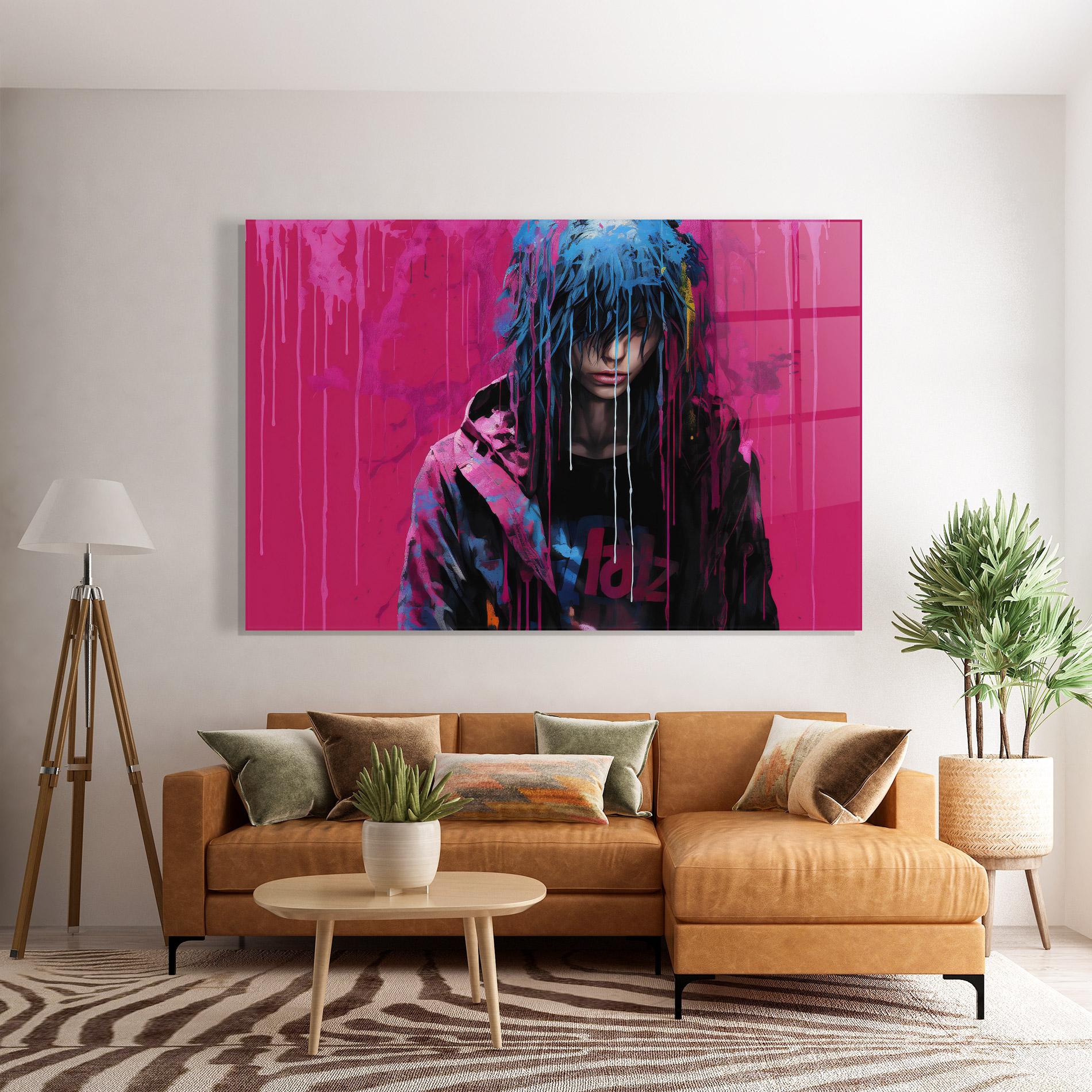 Glasbild Blue Pink Falling Paint mockup 7