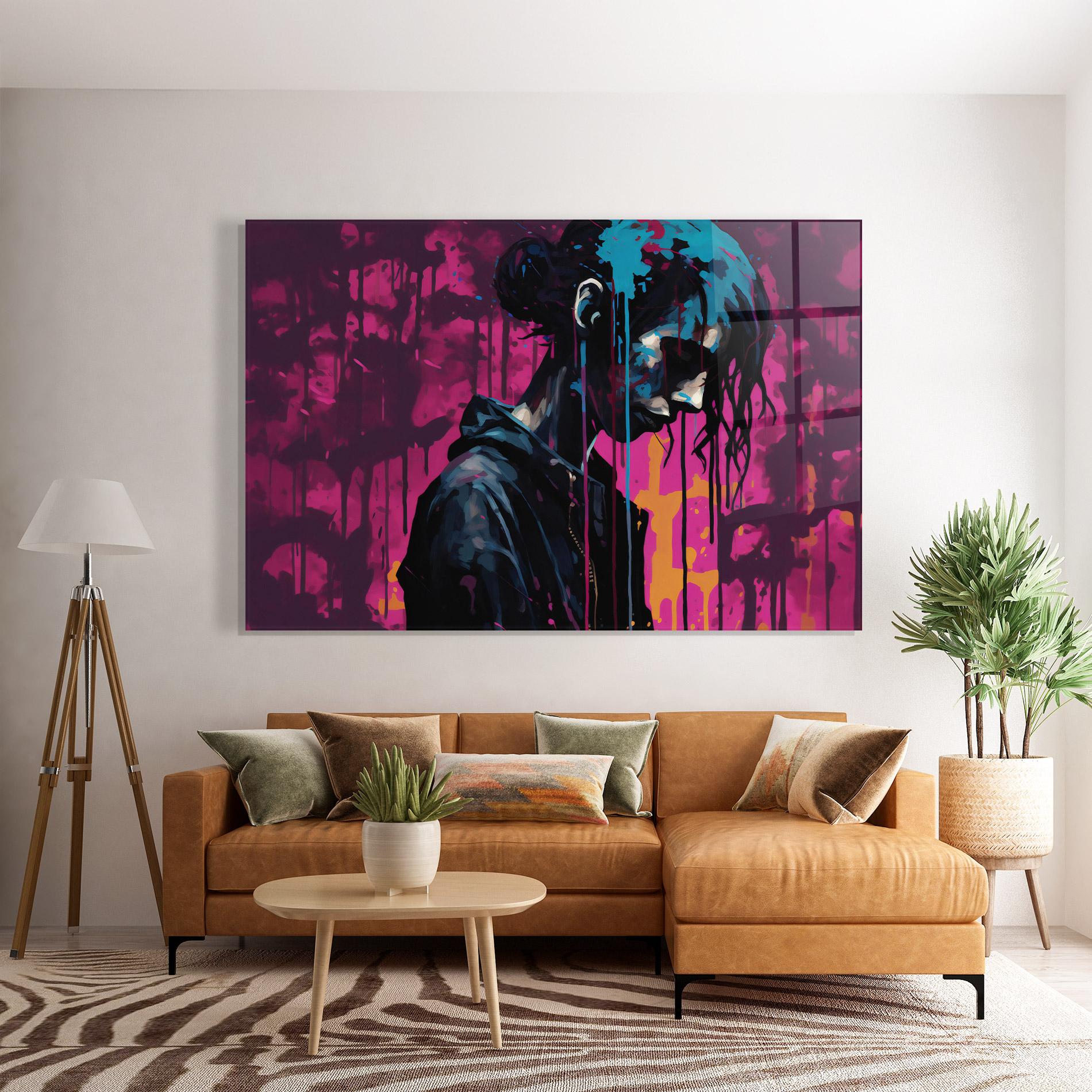 Glasbild Blue Pink Paint Falling mockup 7