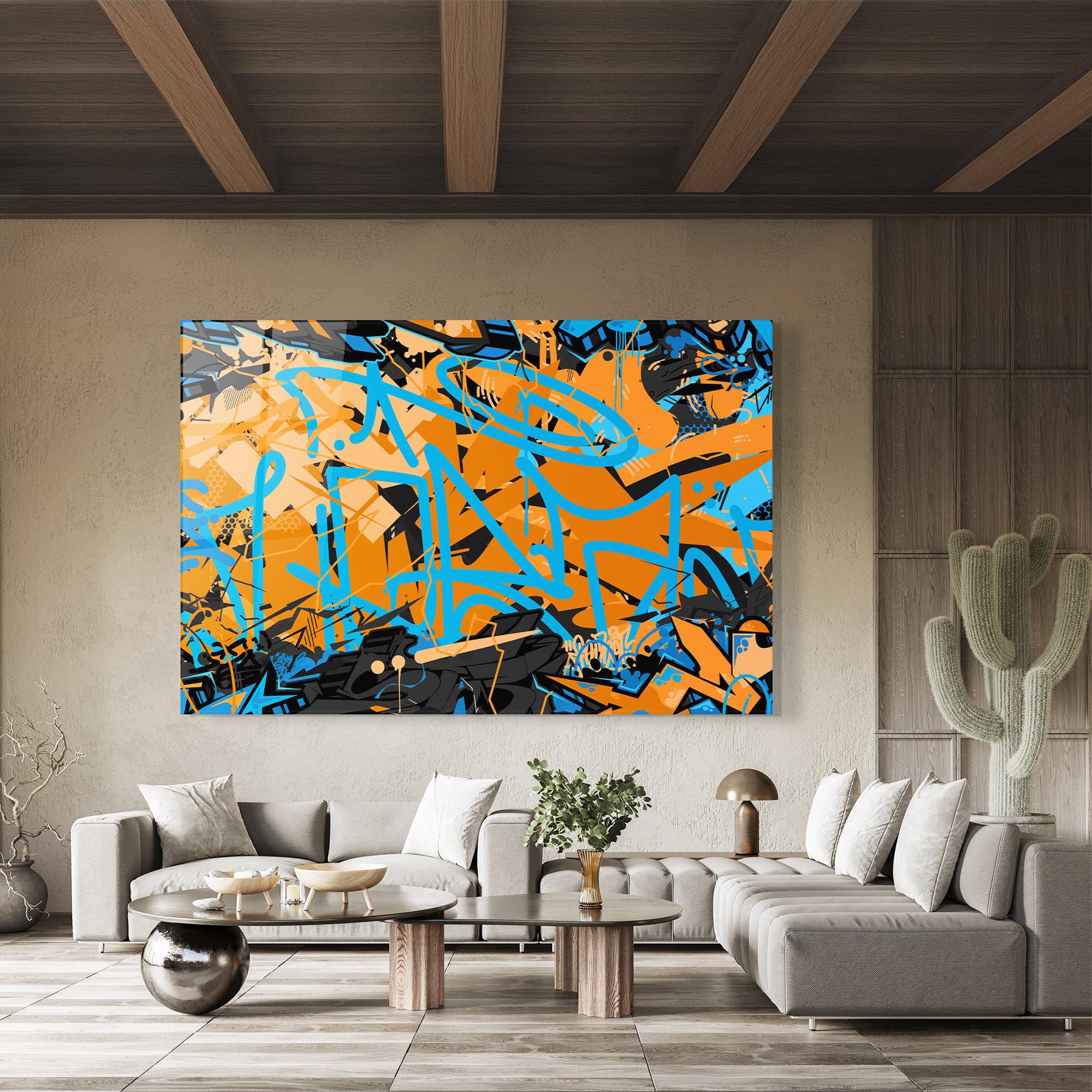 Glasbild Blue Orange Graffiti mockup 8