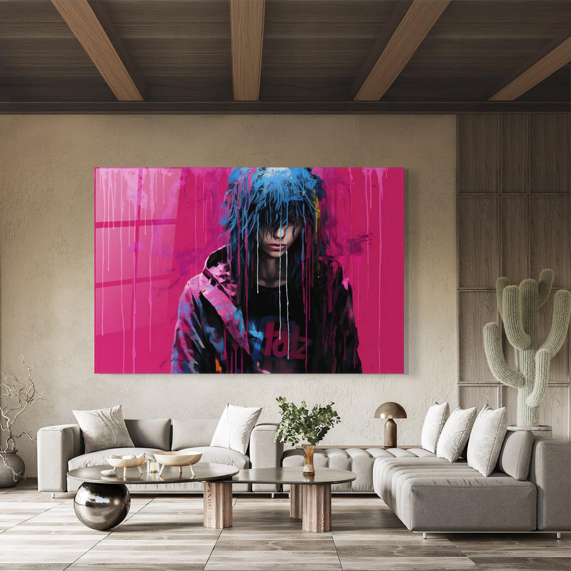 Glasbild Blue Pink Falling Paint mockup 8