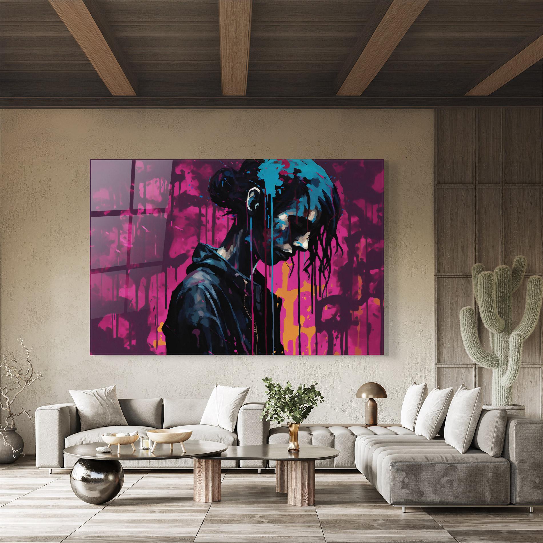 Glasbild Blue Pink Paint Falling mockup 8