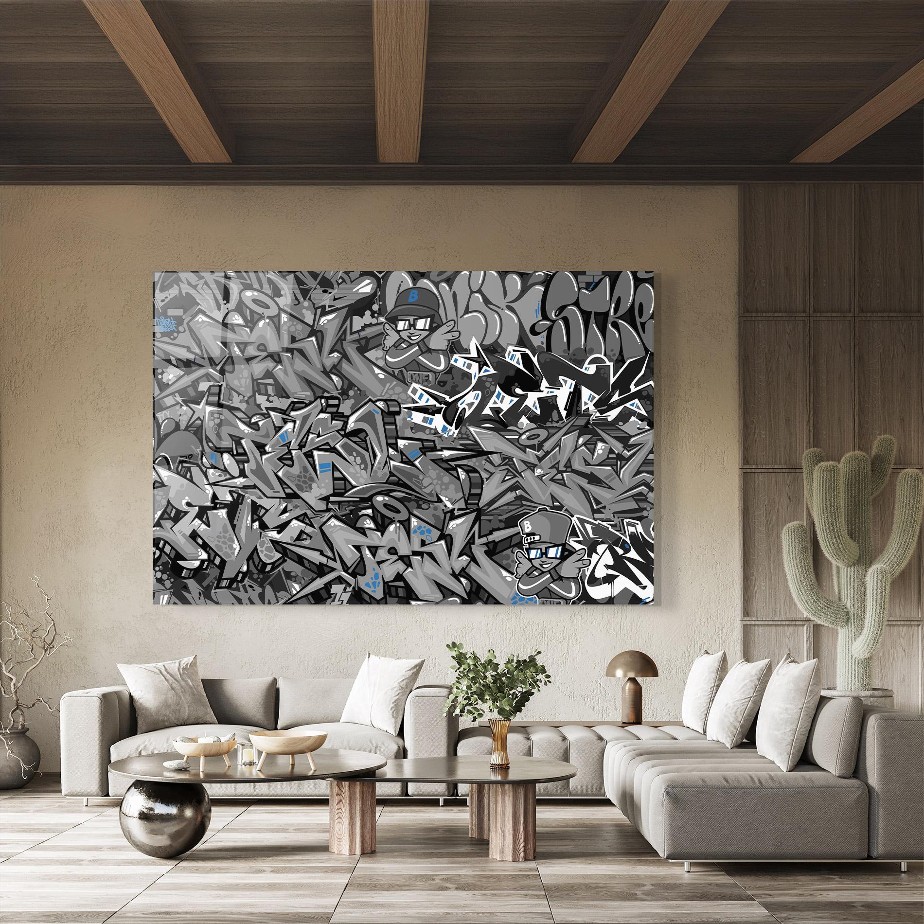 Glasbild Grey Blue Graffiti mockup 8