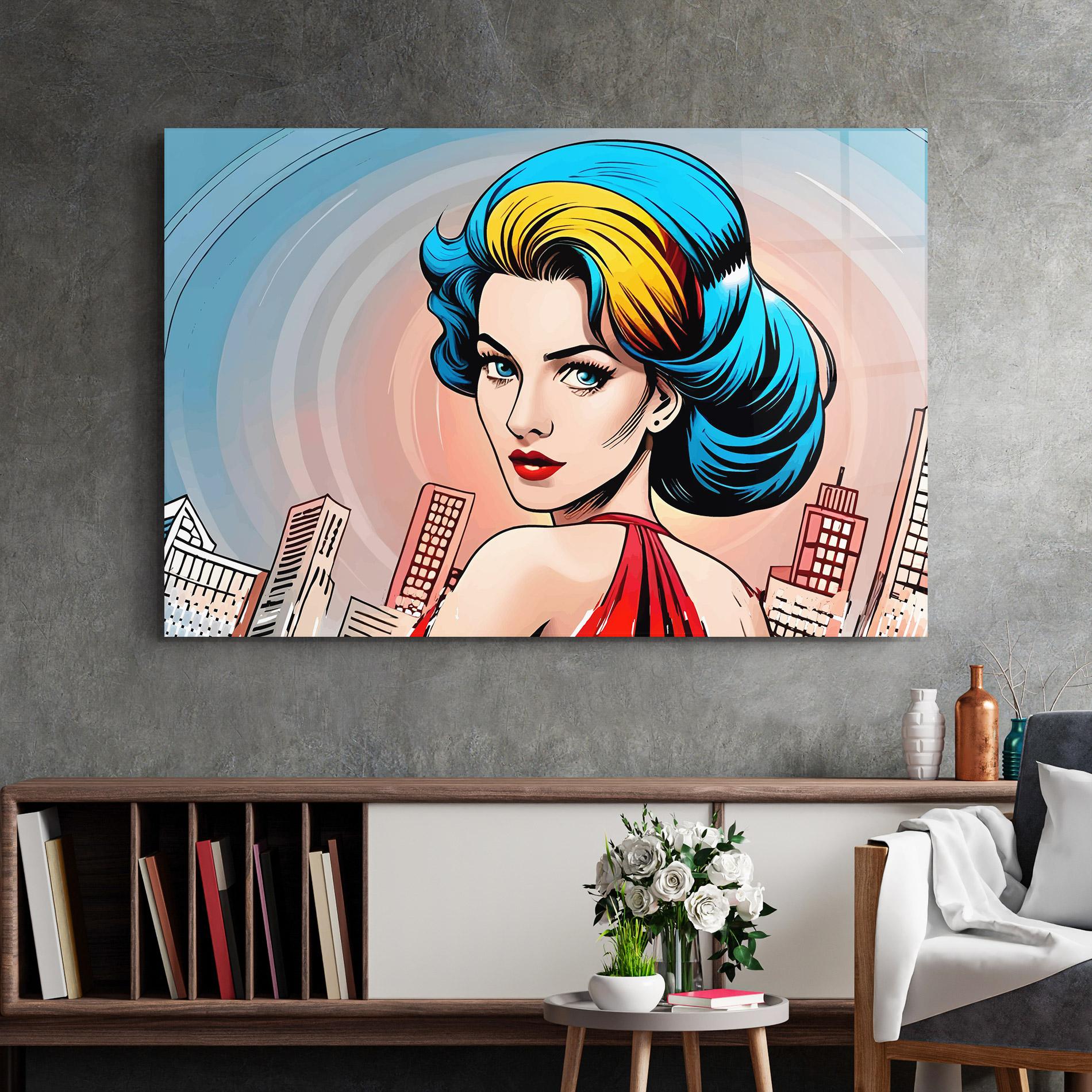 Glasbild Blue Yellow Pop Hair mockup 2