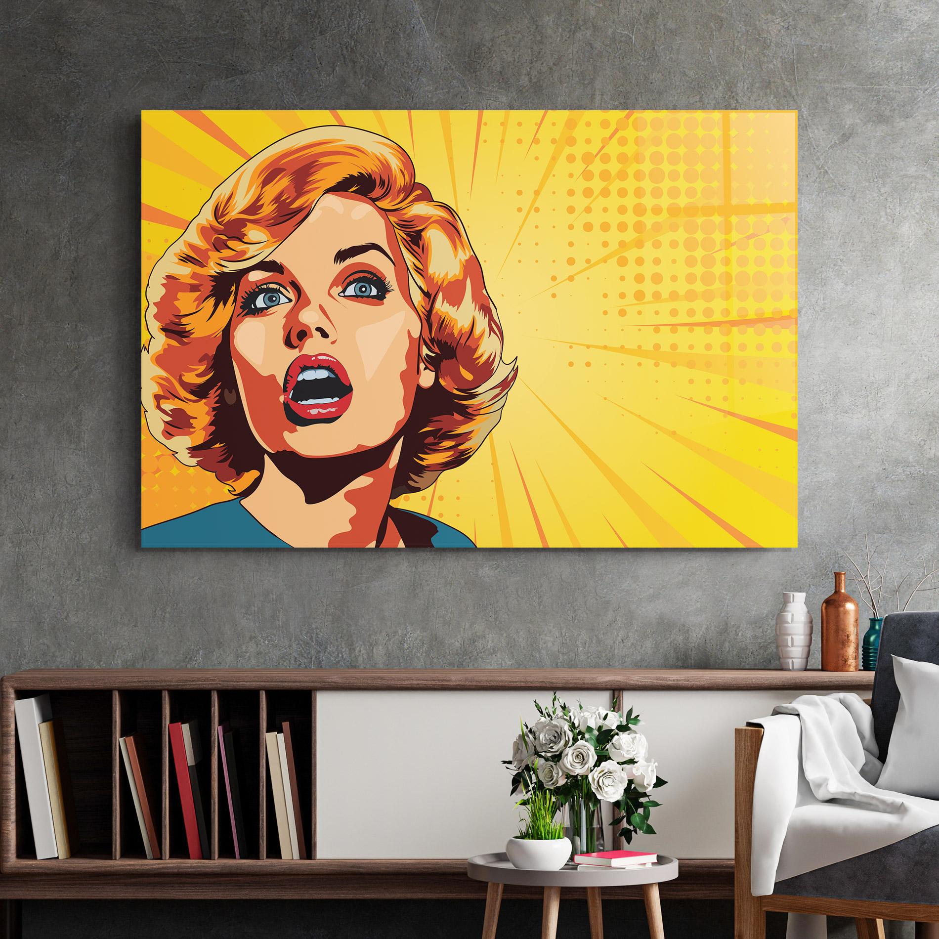 Glasbild Surprised Blonde Lady mockup 2