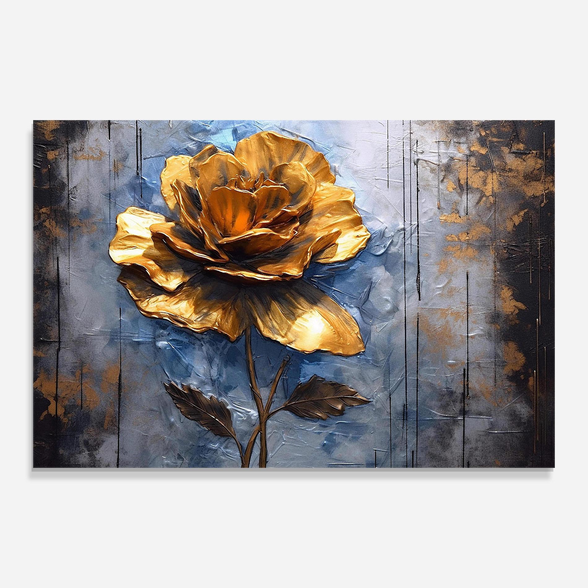 Glasbild Golden Rose Art On Blue mockup 0