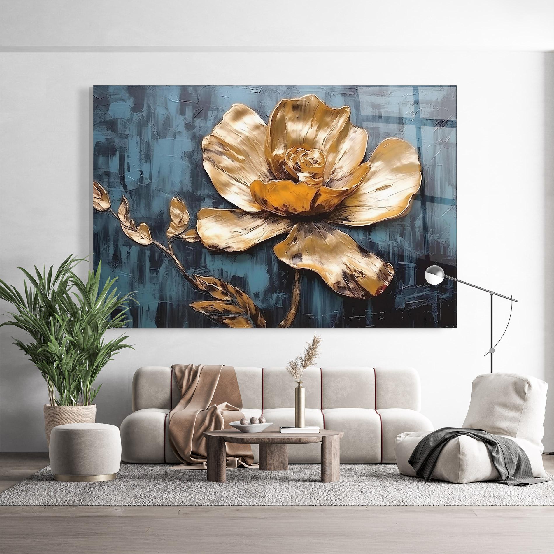 Glasbild Golden Rose On Blue mockup 9