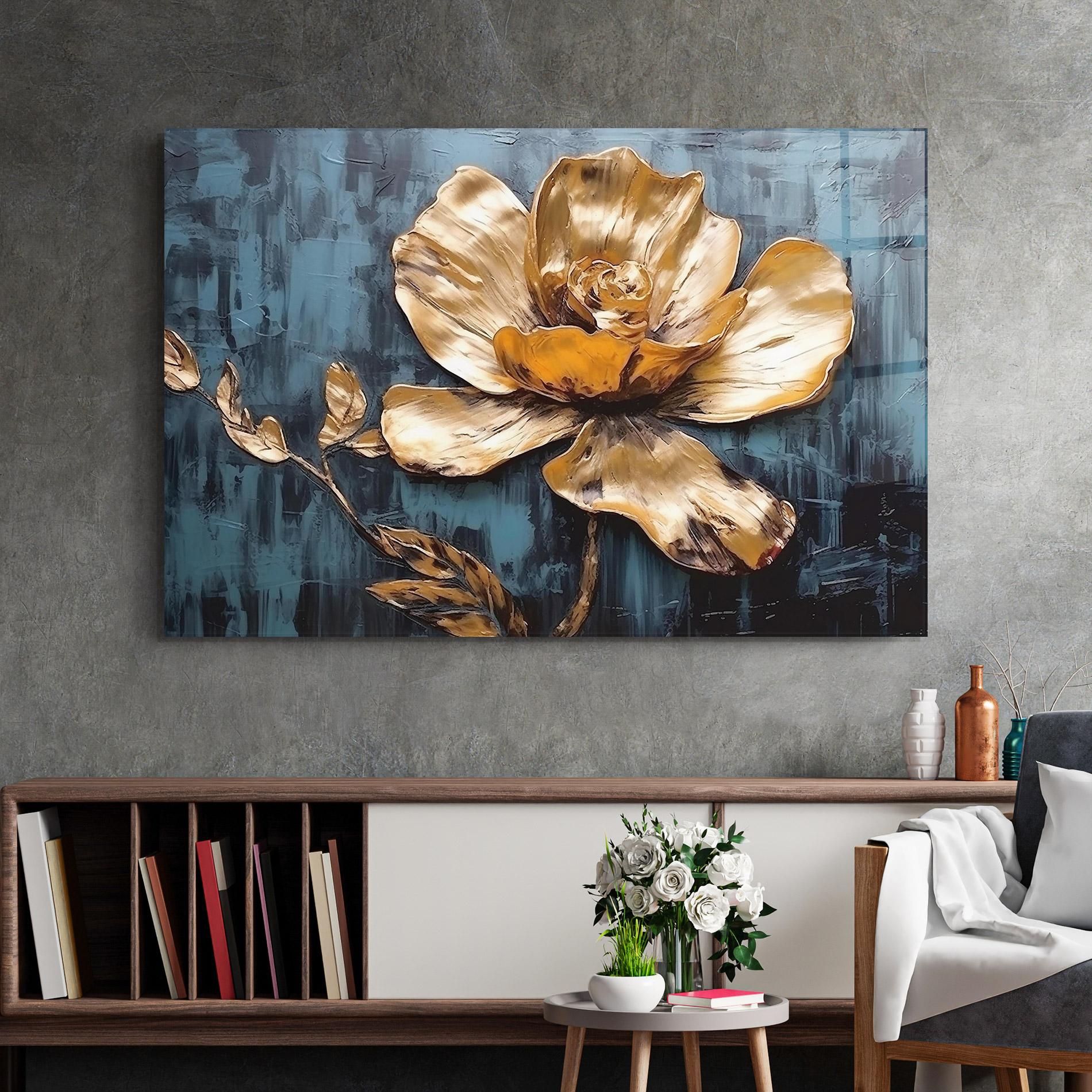 Glasbild Golden Rose On Blue mockup 2