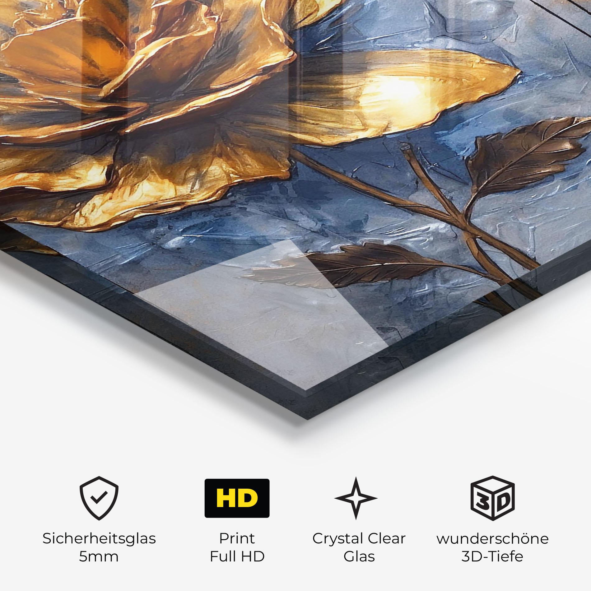 Glasbild Golden Rose Art On Blue mockup 3