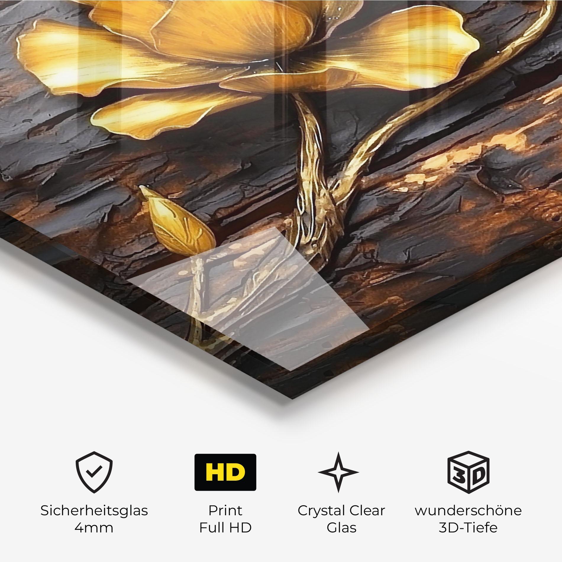 Glasbild Golden Rose On Wood mockup 3
