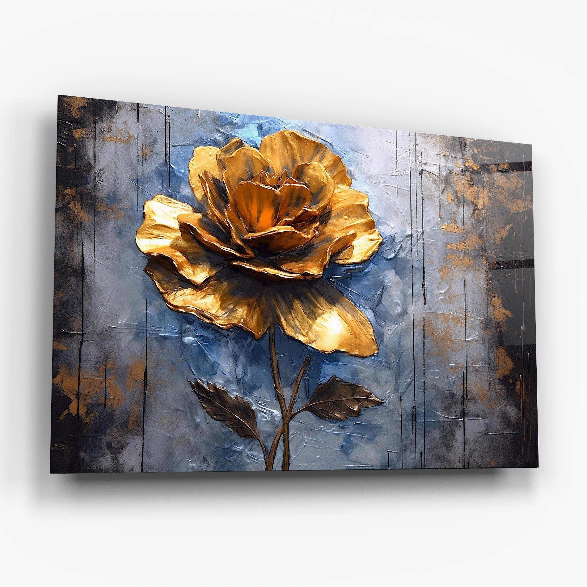 Glasbild Golden Rose Art On Blue mockup 6